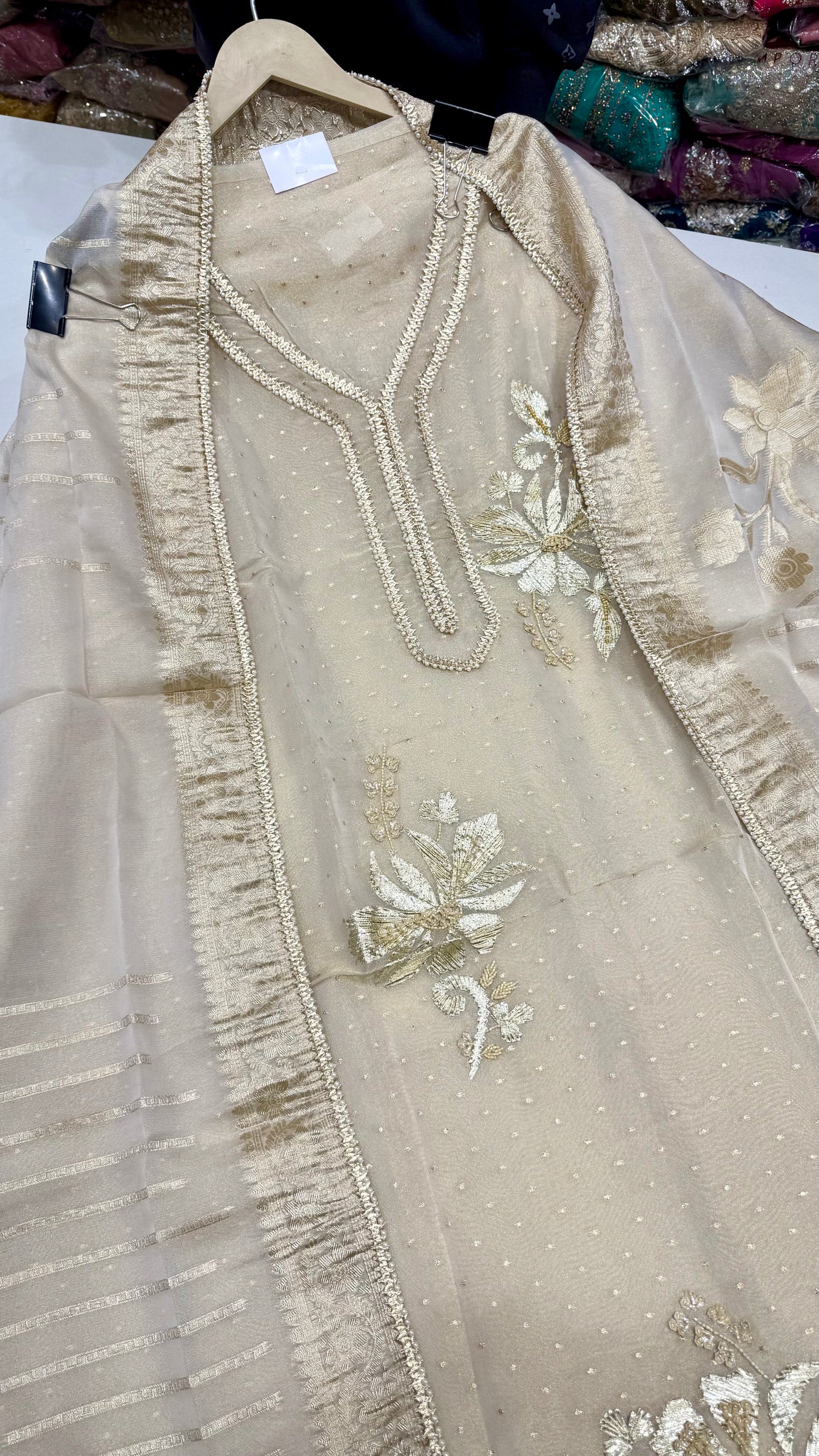 Elegant Banarasi Tissue Hand Embroidered Unstitched Suit with Kantha Work