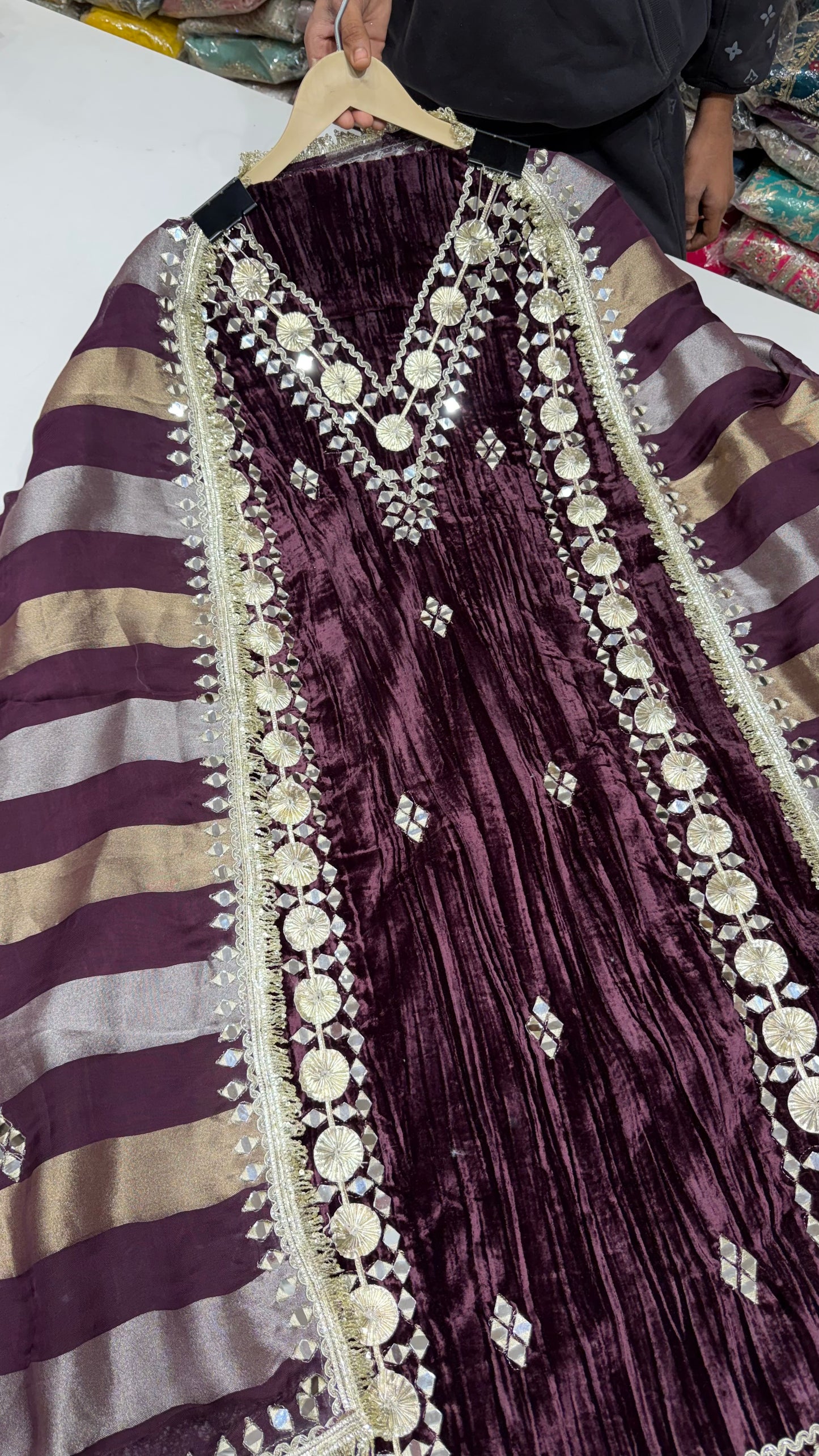 Premium Pure Velvet Unstitched Suit with Gotta Patti & Mirror Work + Tissue Dupatta