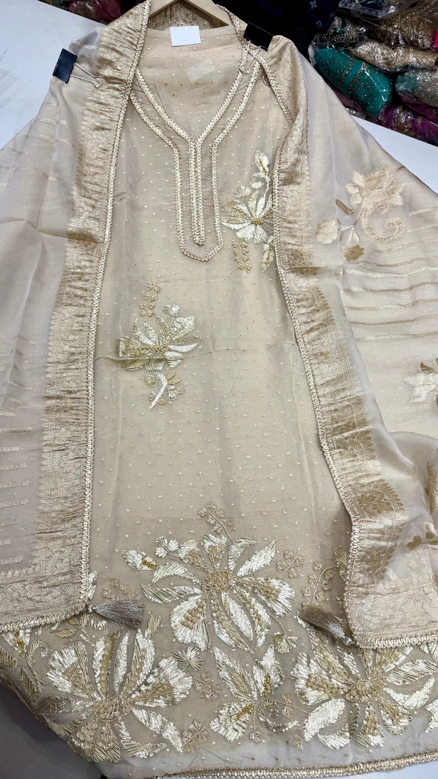 Elegant Banarasi Tissue Hand Embroidered Unstitched Suit with Kantha Work