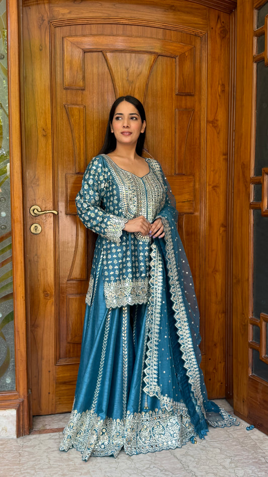 Azure Blue Raw Silk Readymade Sharara Suit with Hand Embroidered Gotta Patti Work