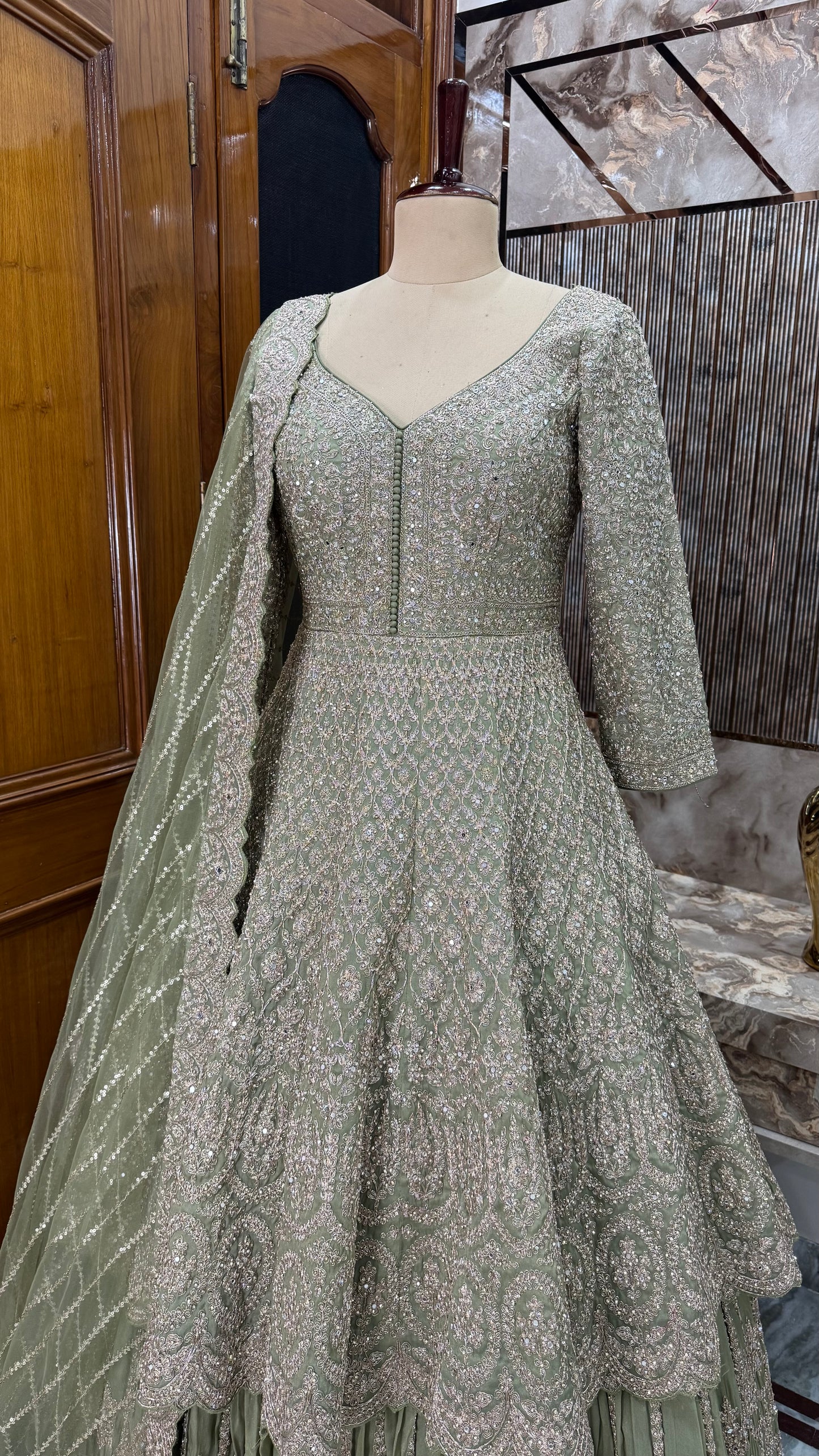 Elegant Readymade Pure Tissue Zari-Aari Mirror Work Lehenga Anarkali with Net Dupatta (Free Size up to 44 Bust)
