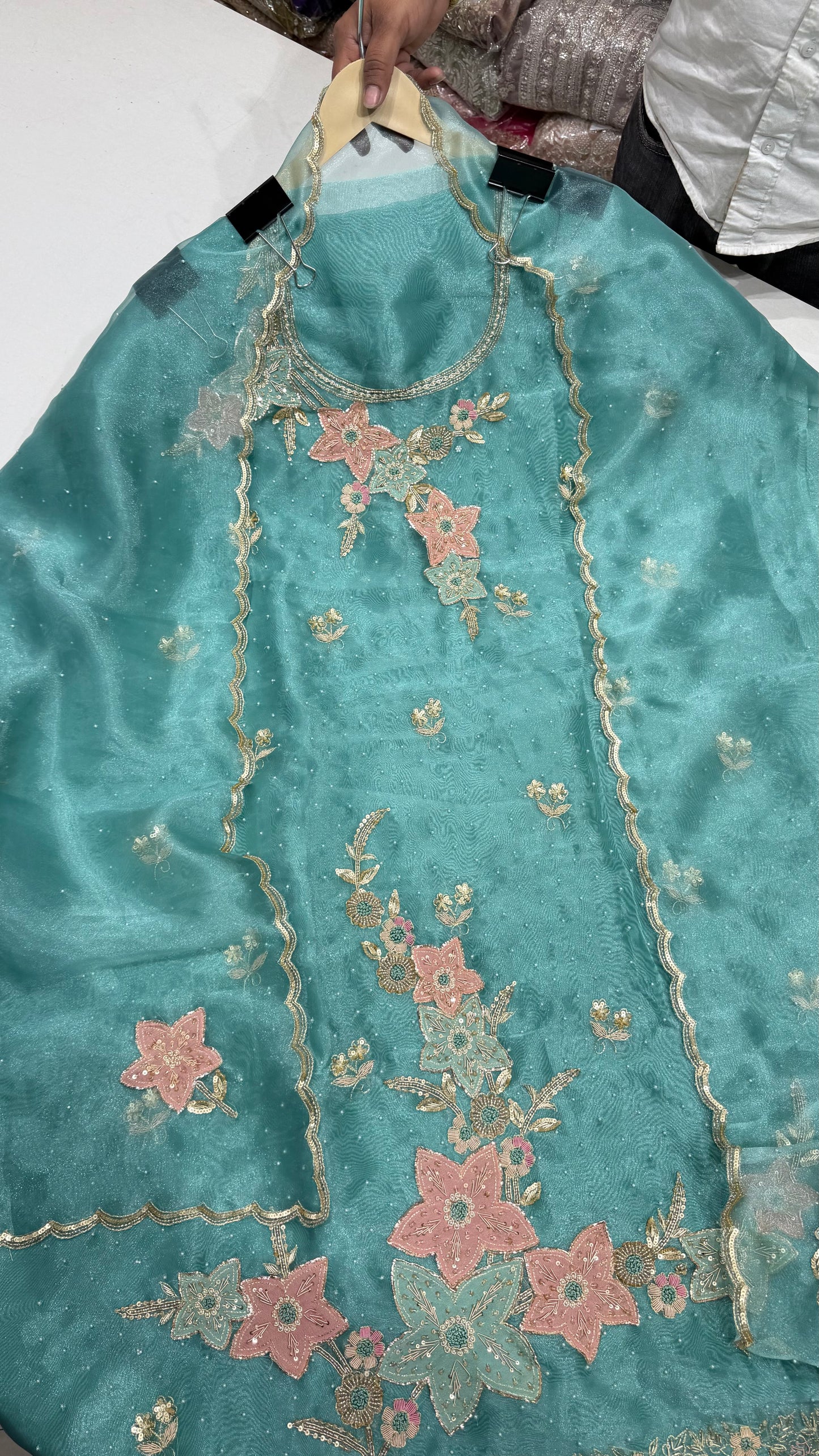 ✨ Luxury Pure Glass Organza Hand-Embroidered Unstitched Suit Set