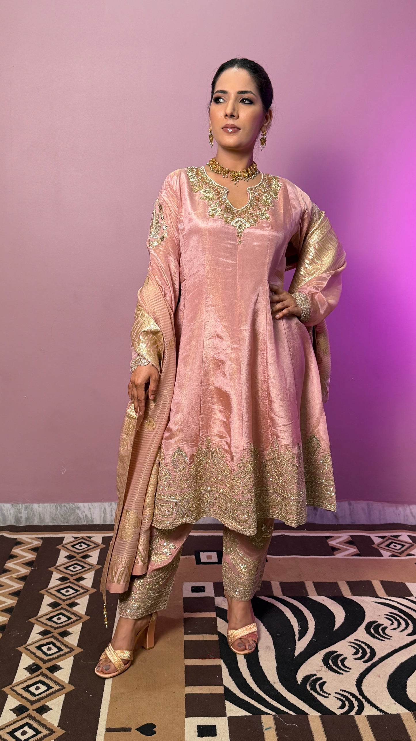 Blush Peach Tissue Anarkali Suit with Banarasi Dupatta