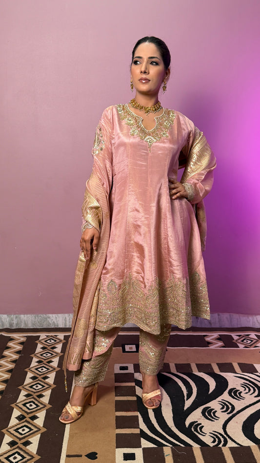 Blush Peach Tissue Anarkali Suit with Banarasi Dupatta
