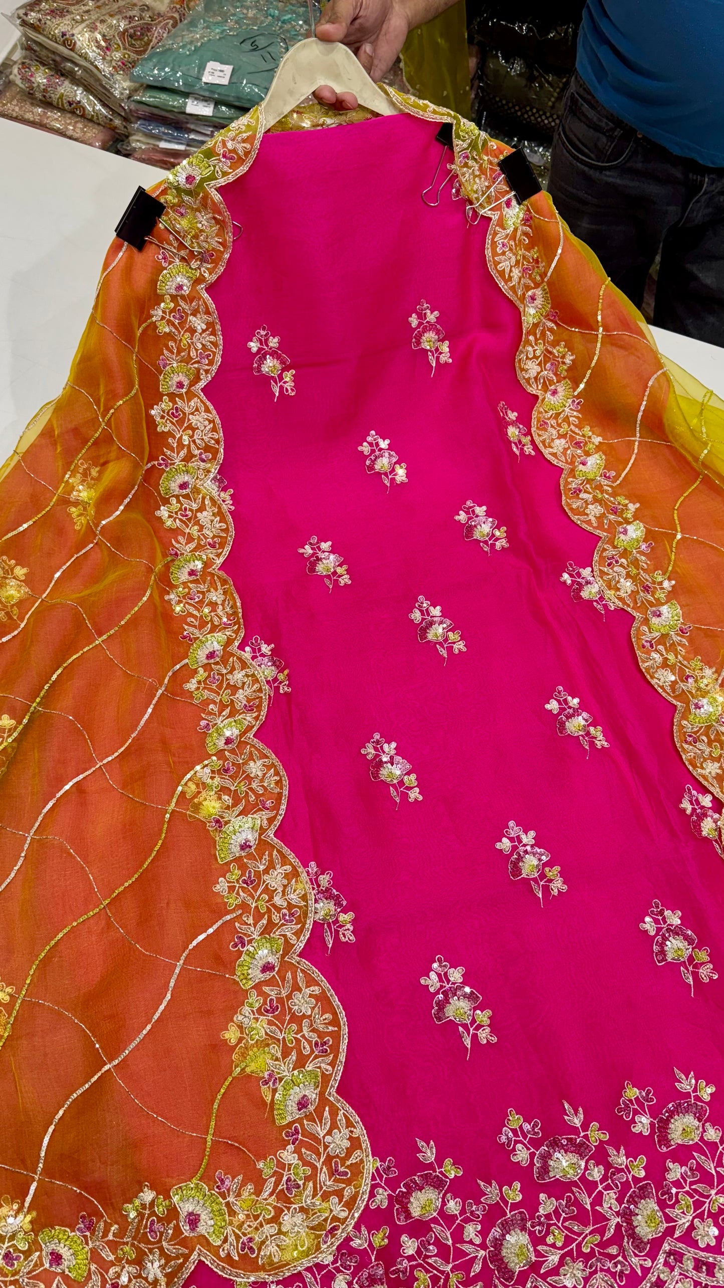 Pure Organza Unstitched Suit with Aqua Blue Embroidered Dupatta & Zardozi Work