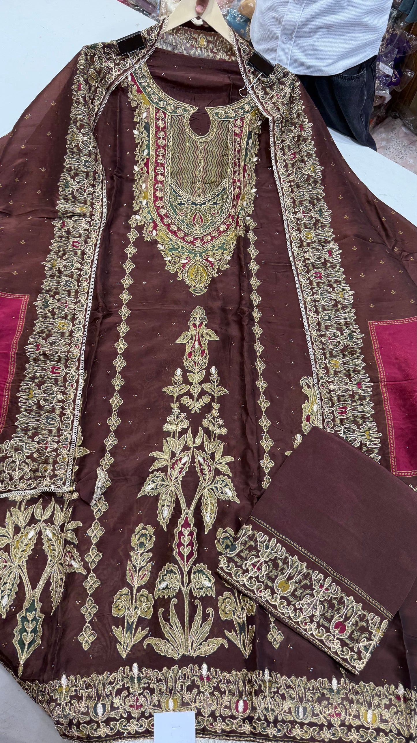 Unstitched Pure Russian Silk Sabyasachi-Inspired Embroidered Suit with Heavy Crepe Bottom