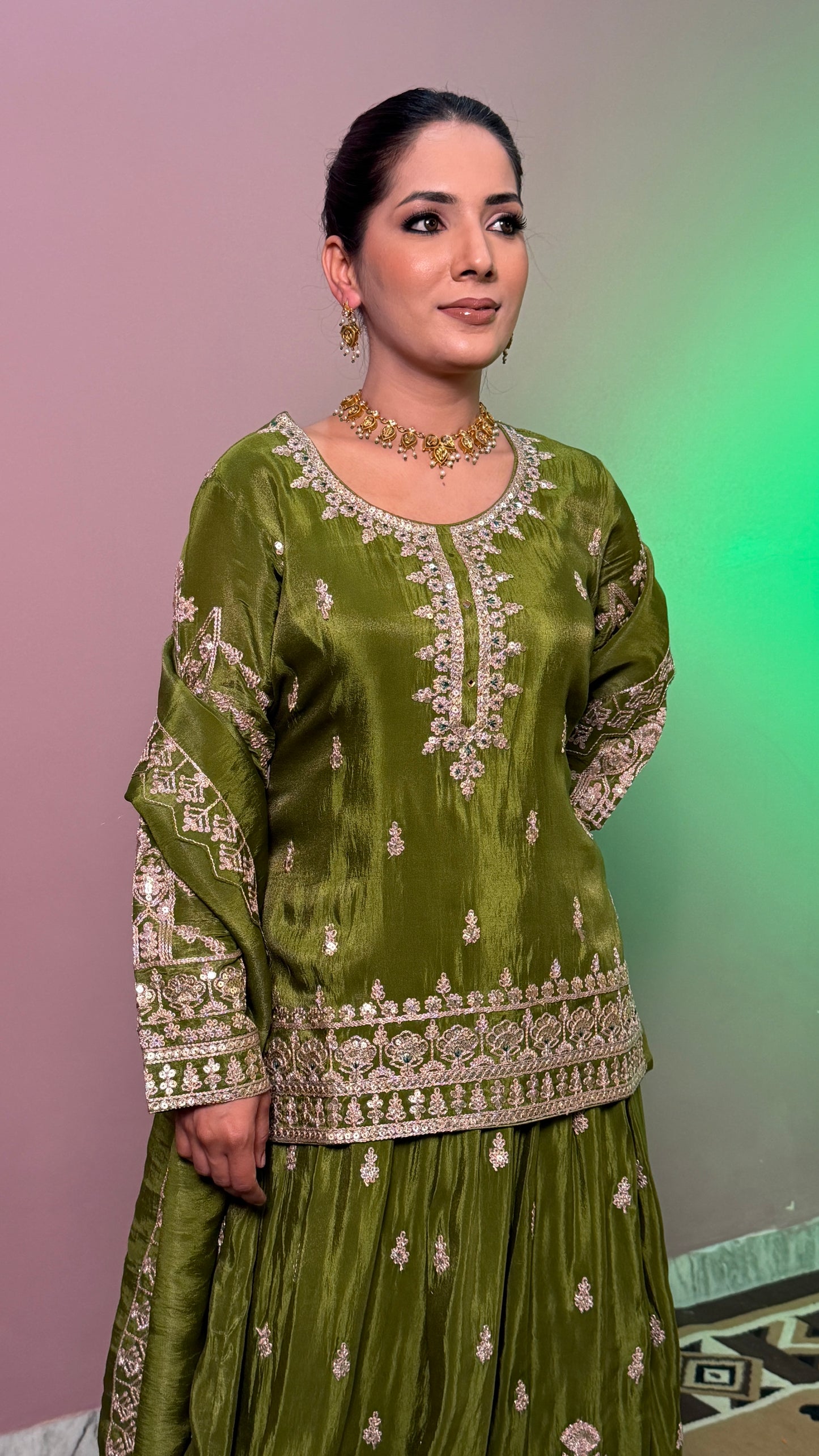 Olive Green Pure Tissue Designer Lehenga Suit with Embroidered Dupatta