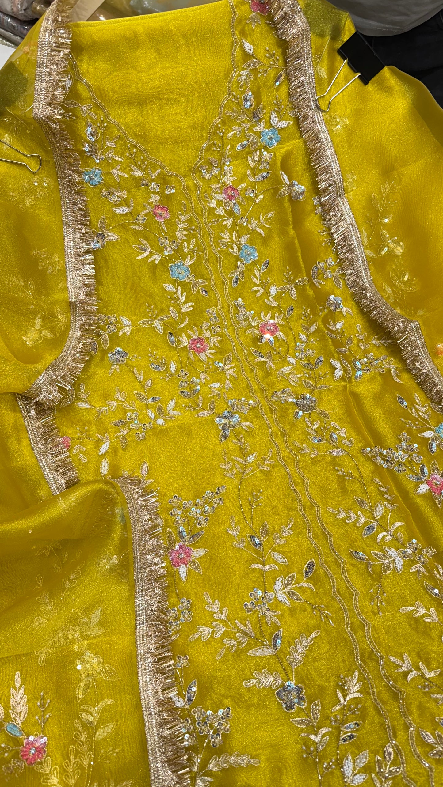 Unstitched Pure Glass Organza Hand Embroidered Achkan Suit with Kinari Lace Dupatta & Pure Crepe Bottom