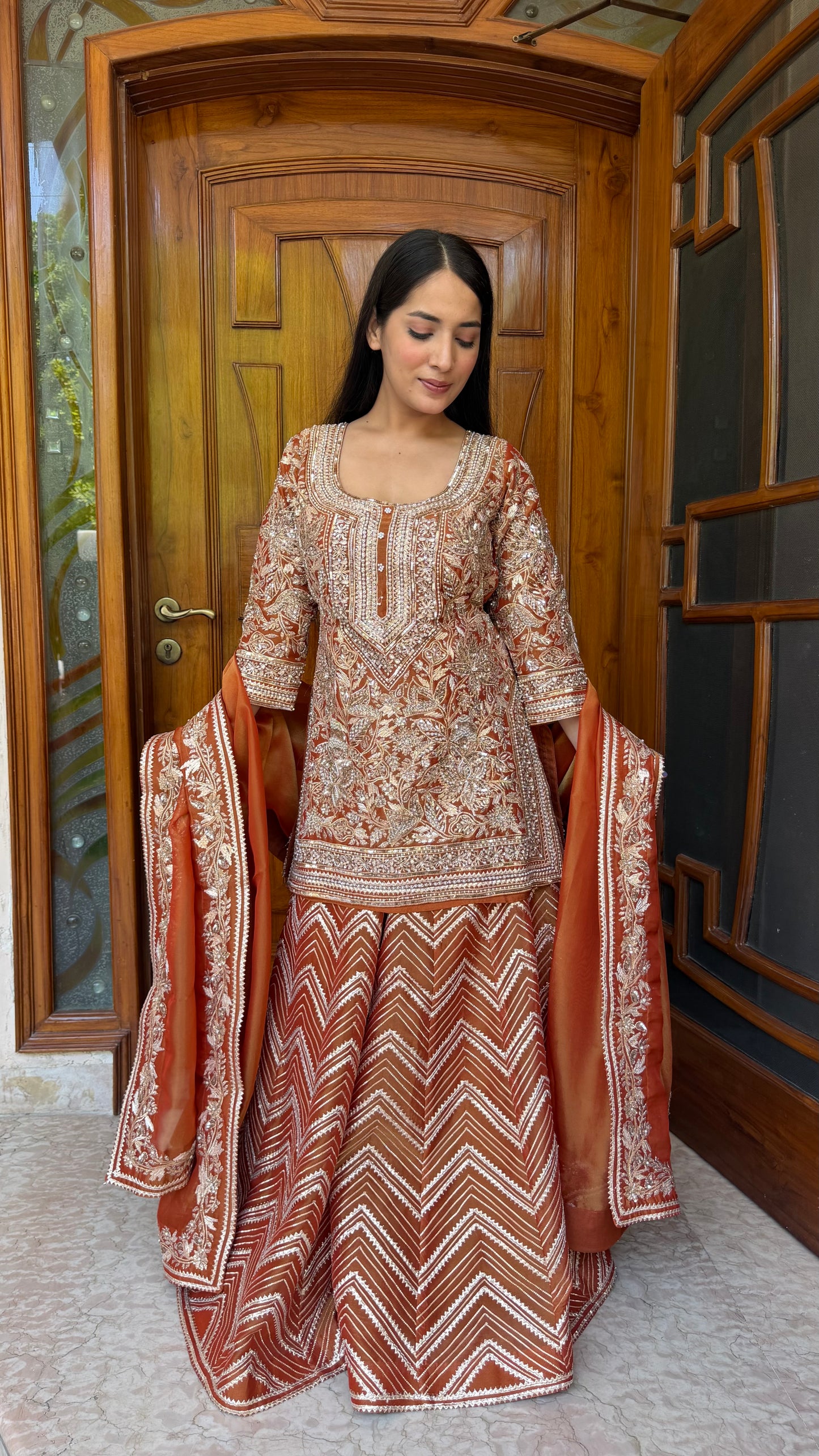 Rust Orange Pure Tissue Heavy Sharara Suit with Hand Embroidered Zardozi Work