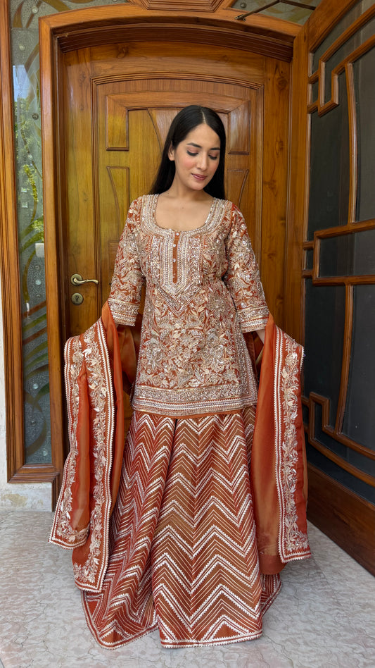 Rust Orange Pure Tissue Heavy Sharara Suit with Hand Embroidered Zardozi Work