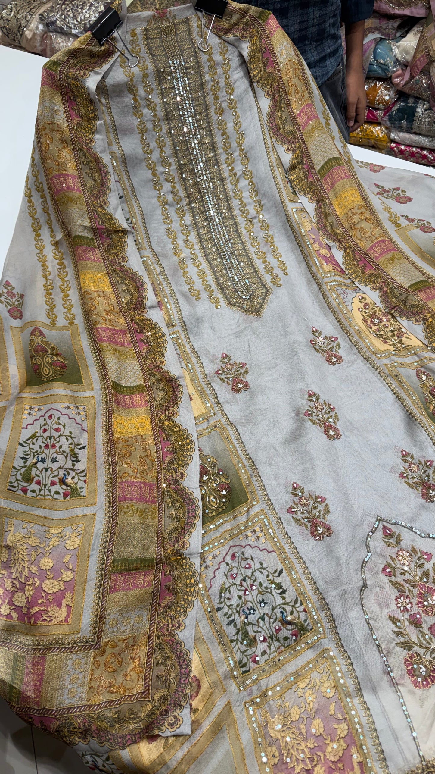 Luxury Unstitched Pure Burberry Tissue Suit | Designer Position Print with Heavy Zari & Sequence Hand Embroidery | Printed Dupatta & Cotton Silk Bottom Fabric | Festive Wedding Wear (US7236)
