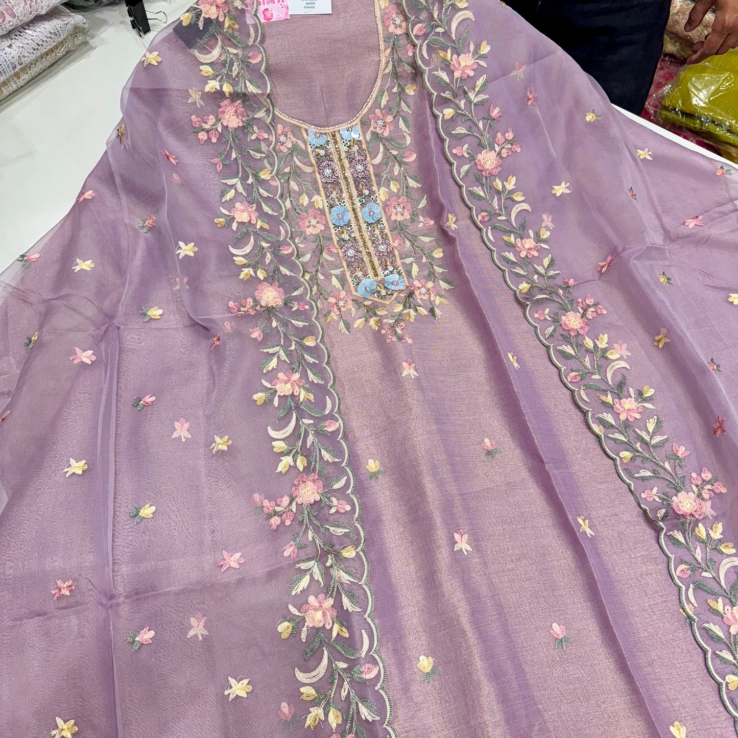Unstitched Tissue Silk Kalamkari Embroidered Suit with Handwork Neck & Organza Dupatta