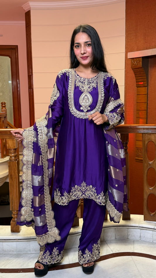 Royal Purple Samo Satin Silk Farshi Suit Set with Designer Dupatta