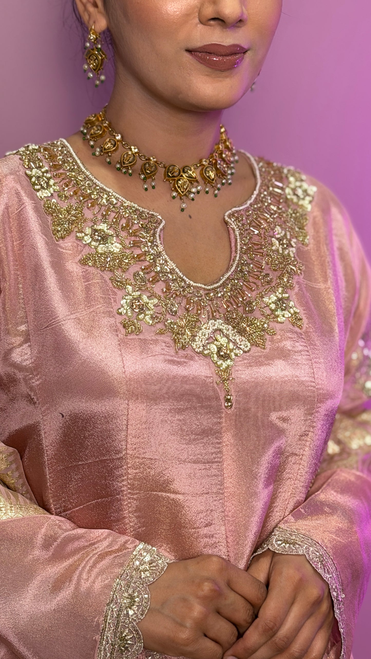 Blush Peach Tissue Anarkali Suit with Banarasi Dupatta
