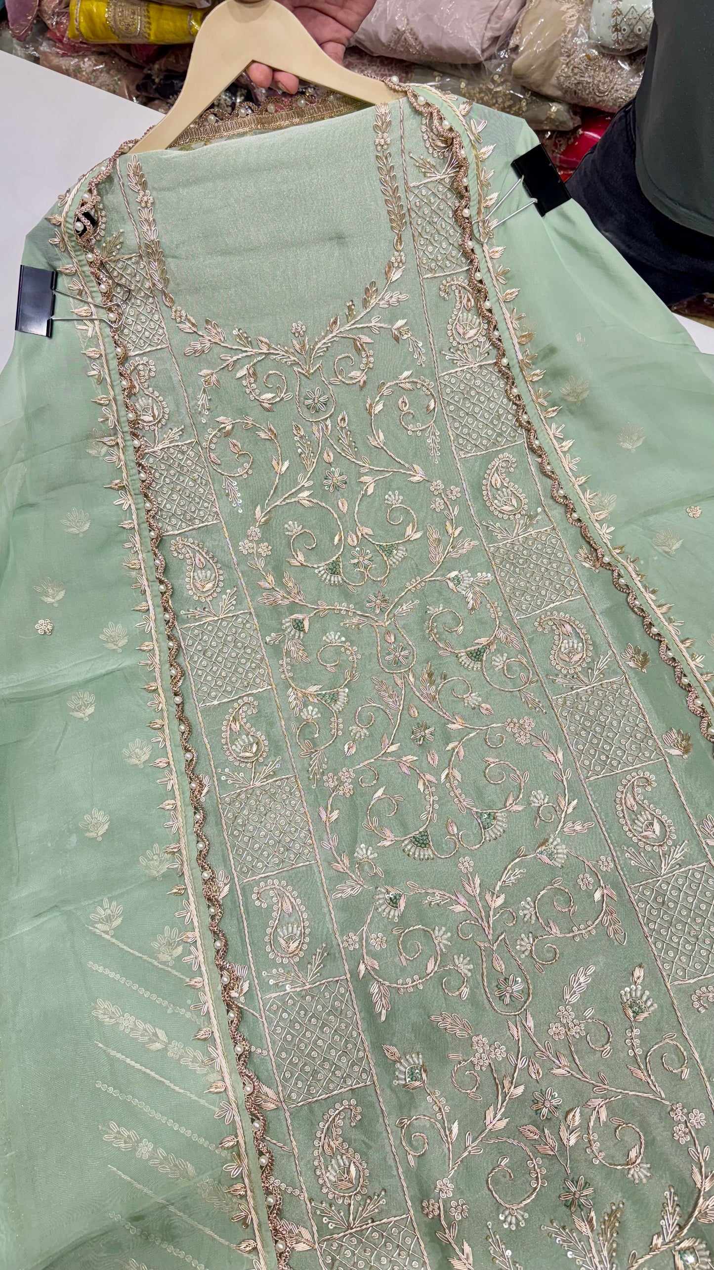 Luxury Shimmer Tissue Hand Embroidered Unstitched Suit with Pure Organza Dupatta