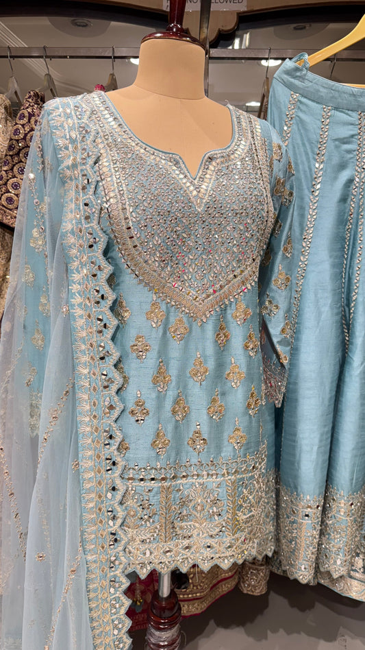 Elegant Powder Blue Raw Silk Sharara Suit with Intricate Hand Embroidery & Mirror Work