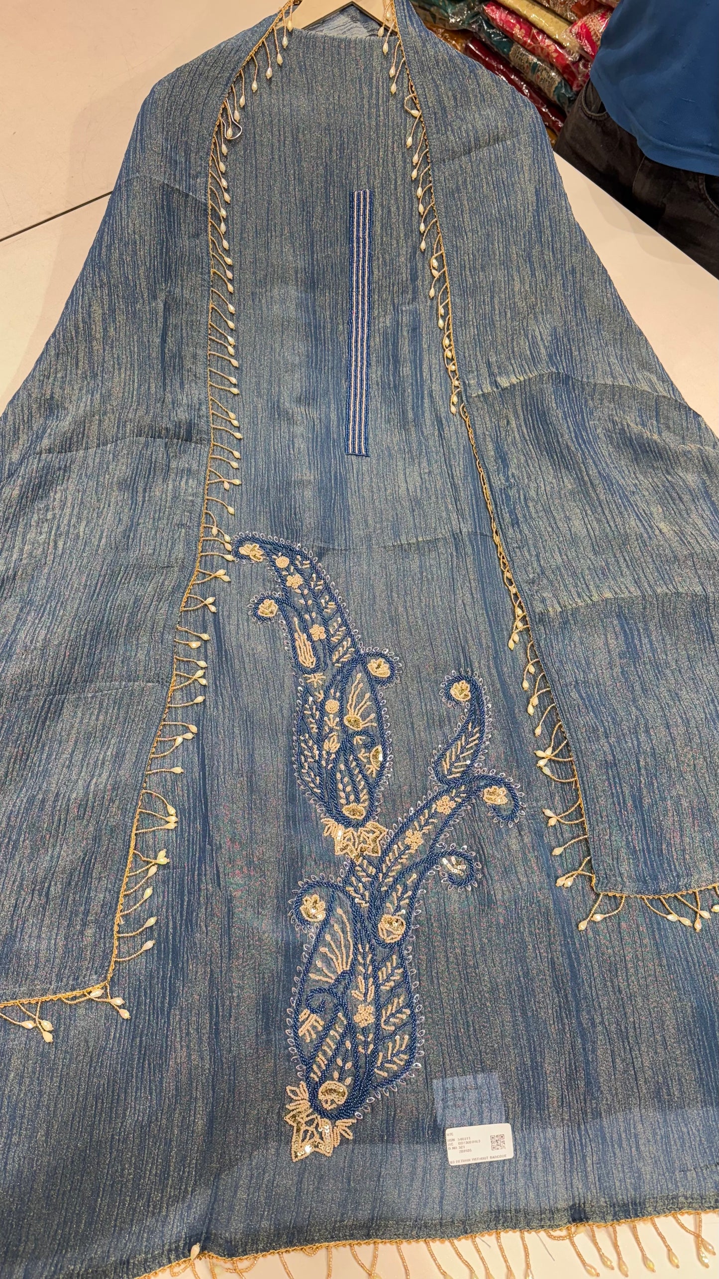 Designer Unstitched Pure Crush Tissue Suit with Hand Embroidery & Pearl Detailing