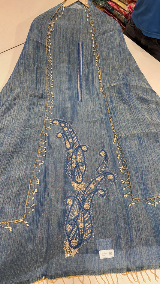 Designer Unstitched Pure Crush Tissue Suit with Hand Embroidery & Pearl Detailing