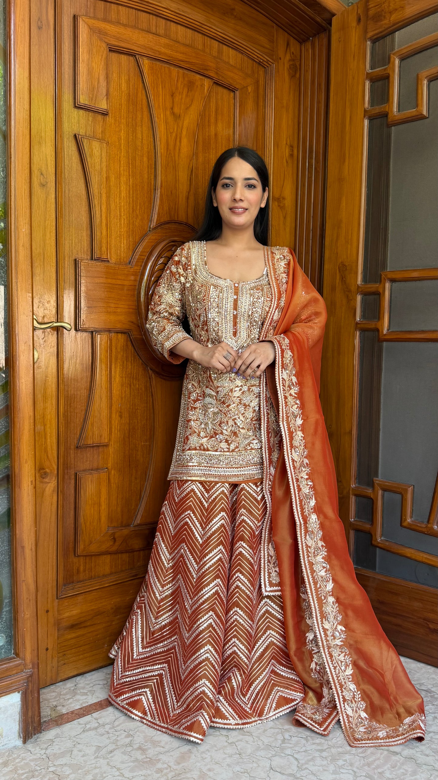 Rust Orange Pure Tissue Heavy Sharara Suit with Hand Embroidered Zardozi Work