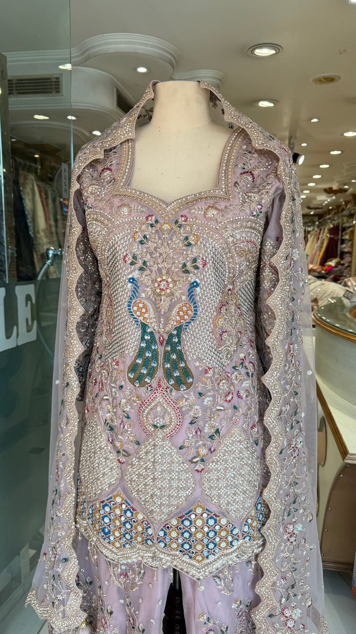 Onion Pink Peacock Designer Bell Sharara Suit with Heavy Embroidered Net Dupatta