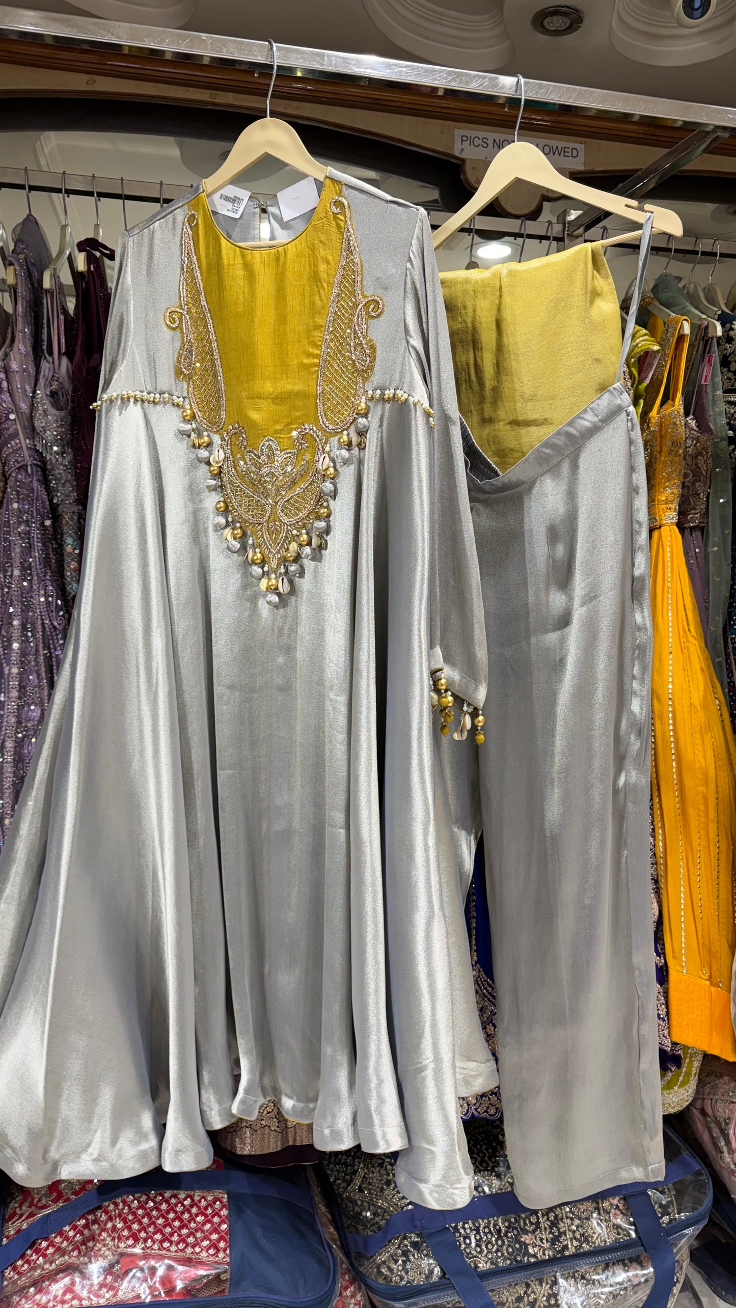 Luxury Shimmer Silk Handembroided Anarkali with pants & contrast Dupatta