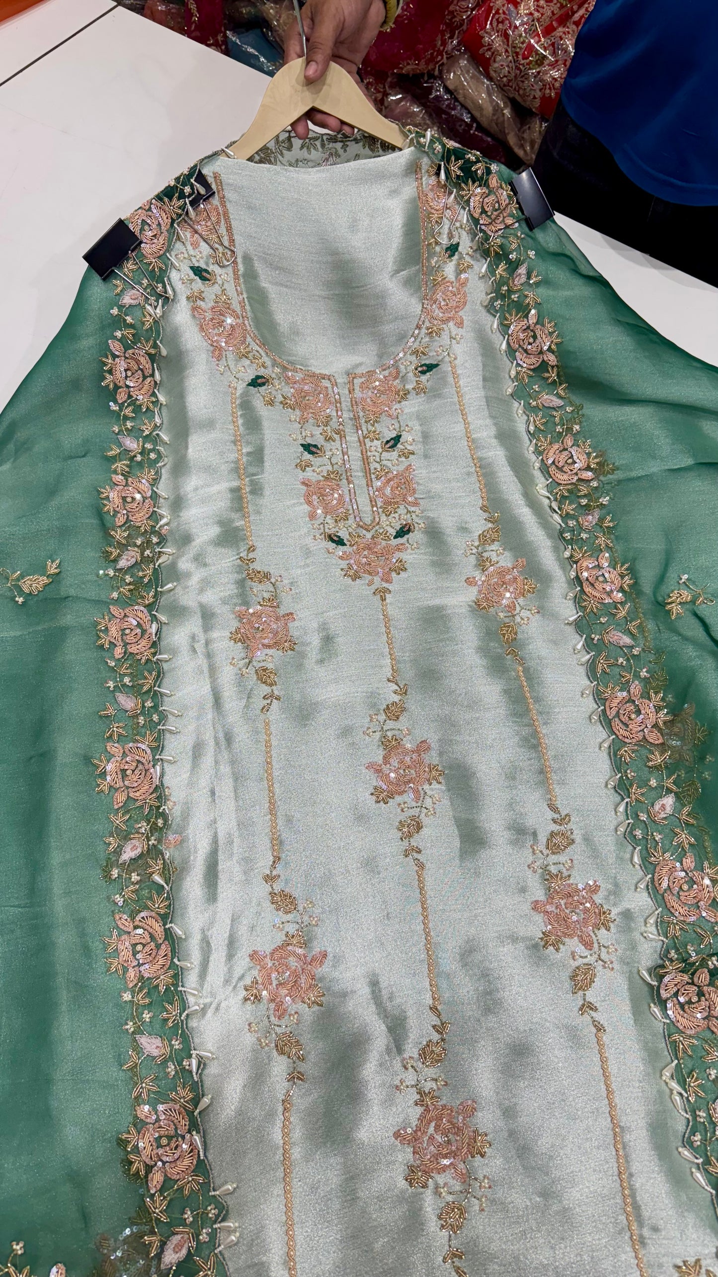Luxury Hand-Embroidered Unstitched Shimmer Tissue Suit with Organza Dupatta