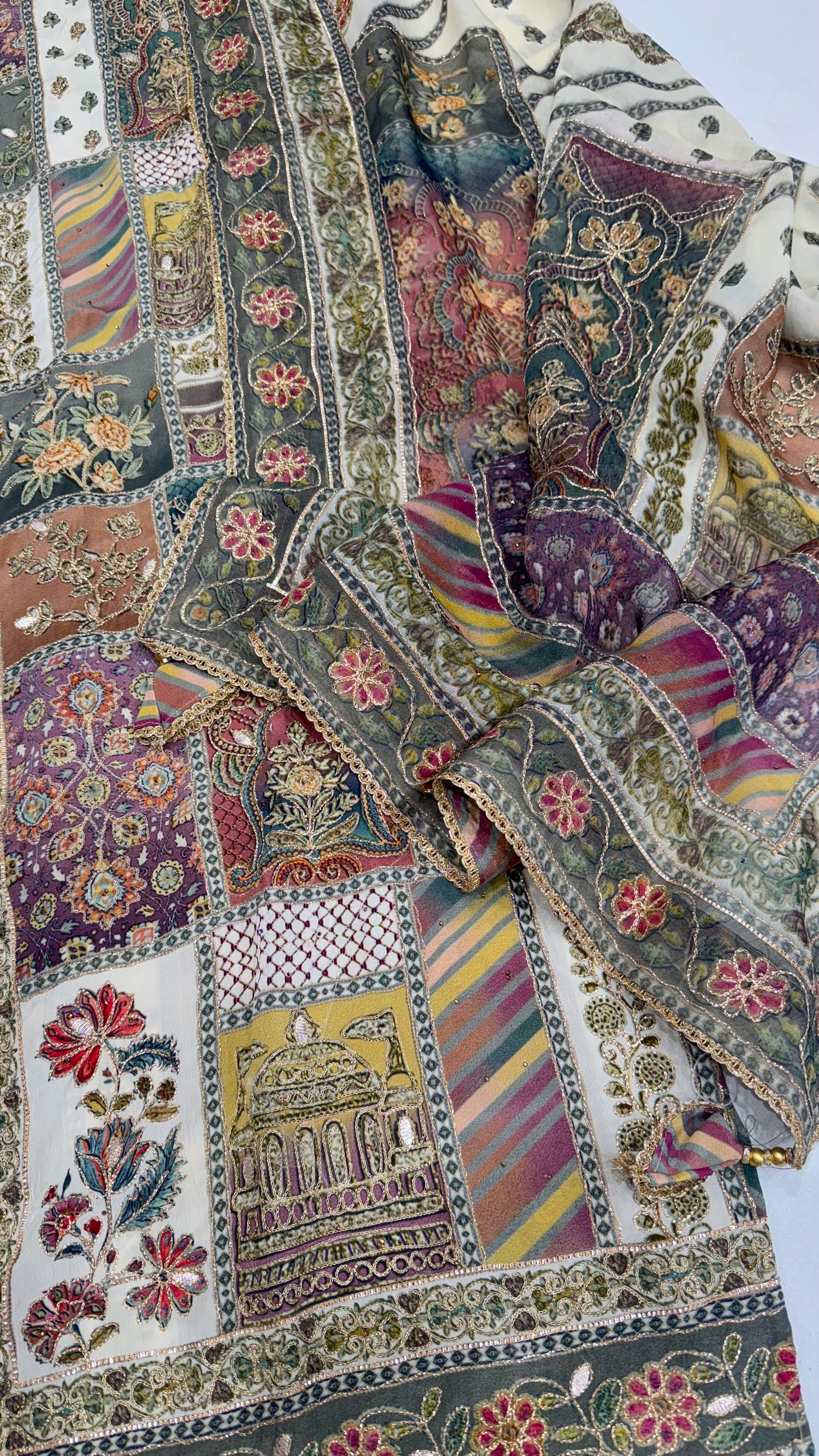 Unstitched Pakistani Pure Crepe Achkan Style Printed & Zari Work Suit with Designer Organza Dupatta & Crepe Bottom