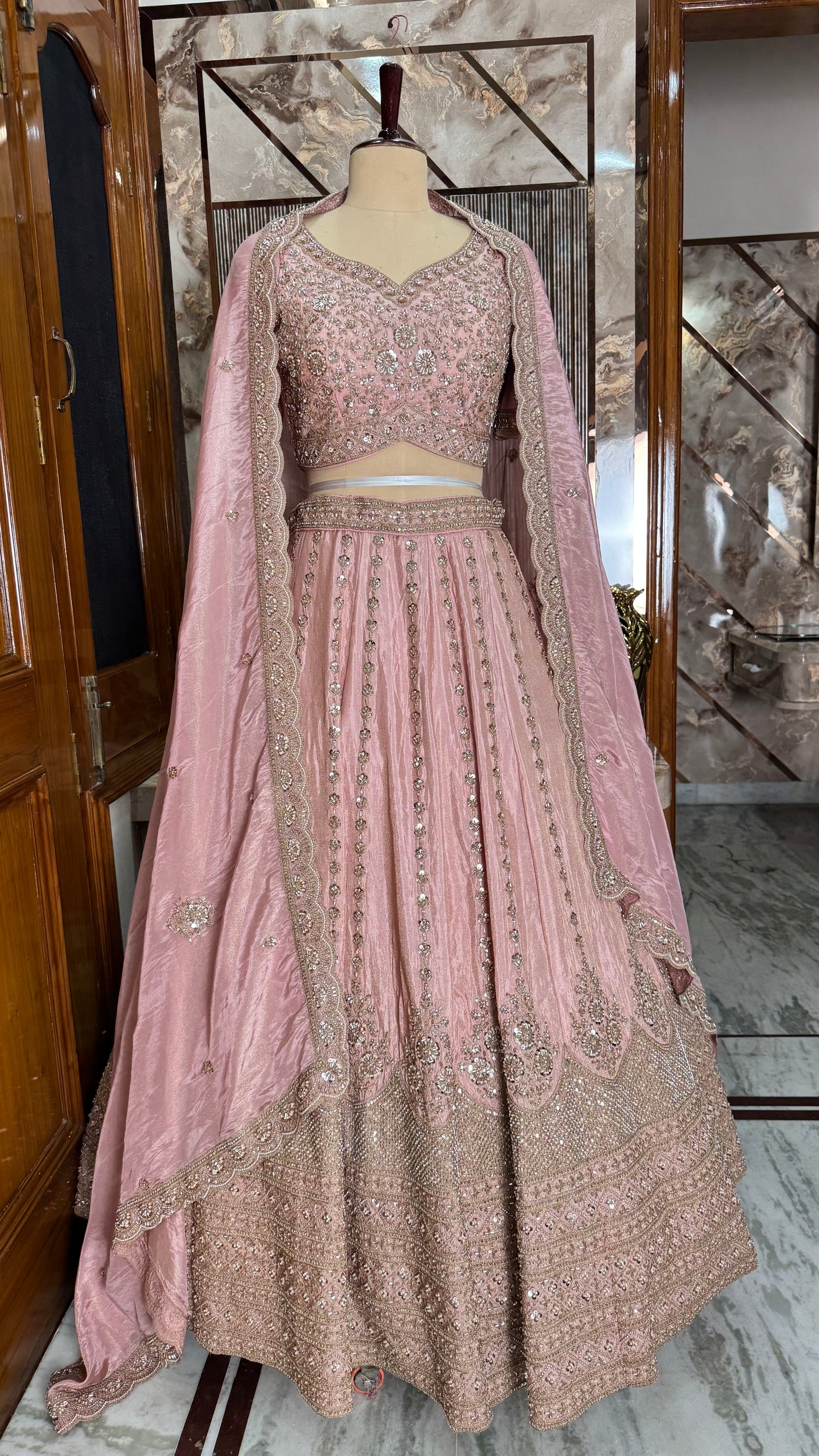 Luxury Readymade Pure Tissue Zardozi Hand-Embroidered Lehenga Choli with Dupatta (Free Size up to 44 Bust)