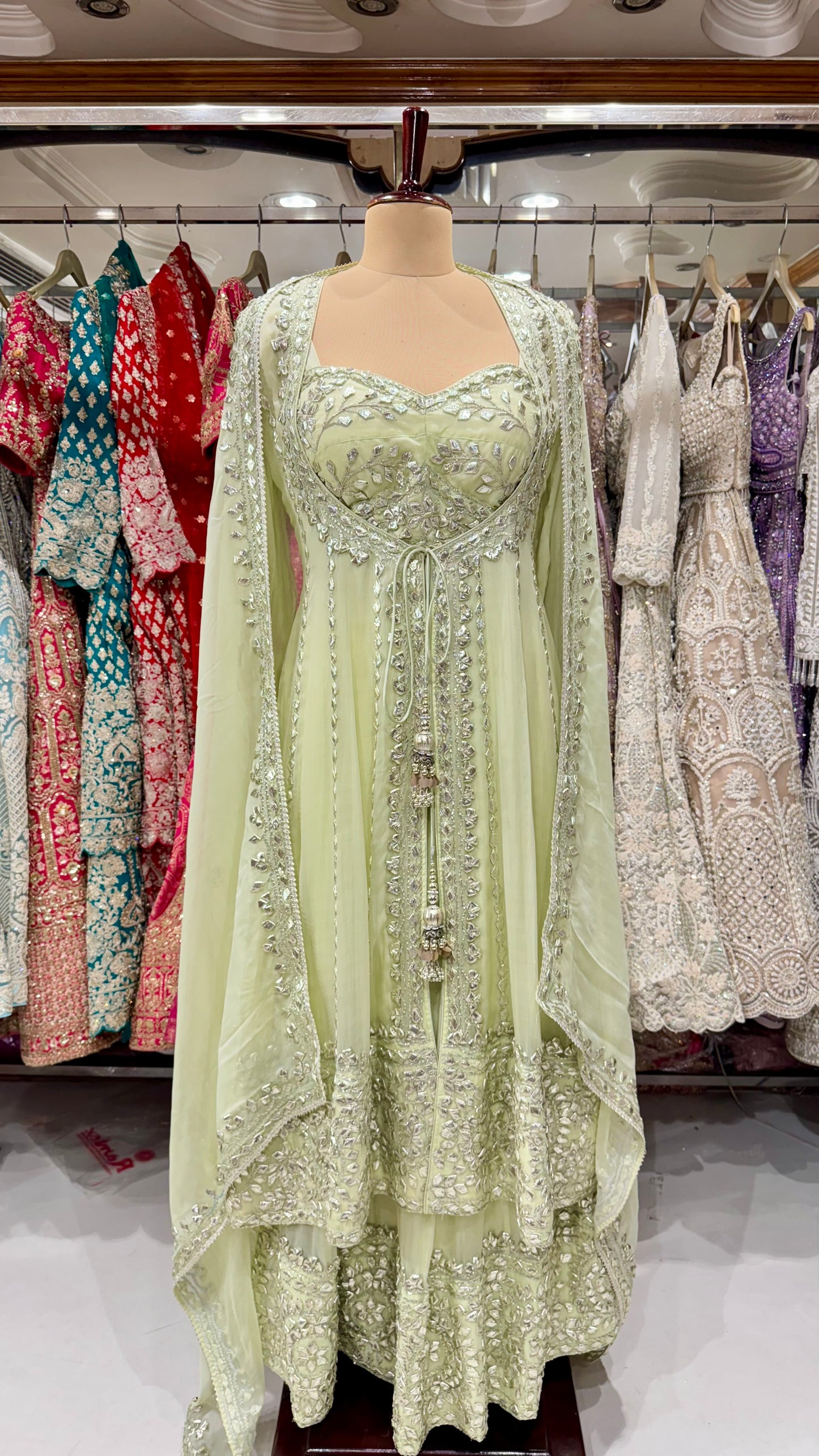 Designer Indo-Western Readymade Lehenga with Choli & Anarkali Cape – Free Size (Up to 44” Bust)