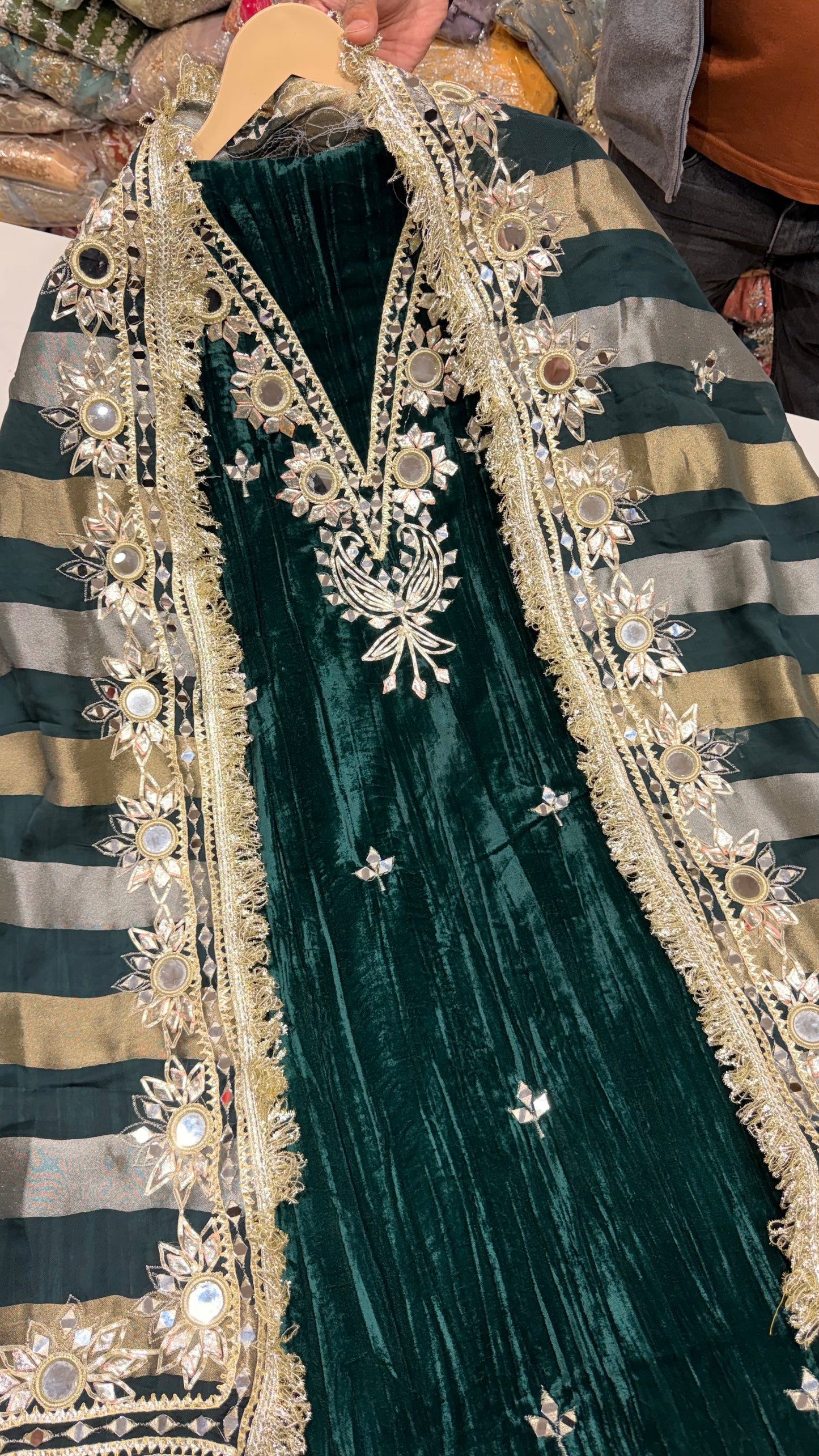 Premium Pure Velvet Unstitched Suit with Gotta Patti & Mirror Work + Tissue Dupatta