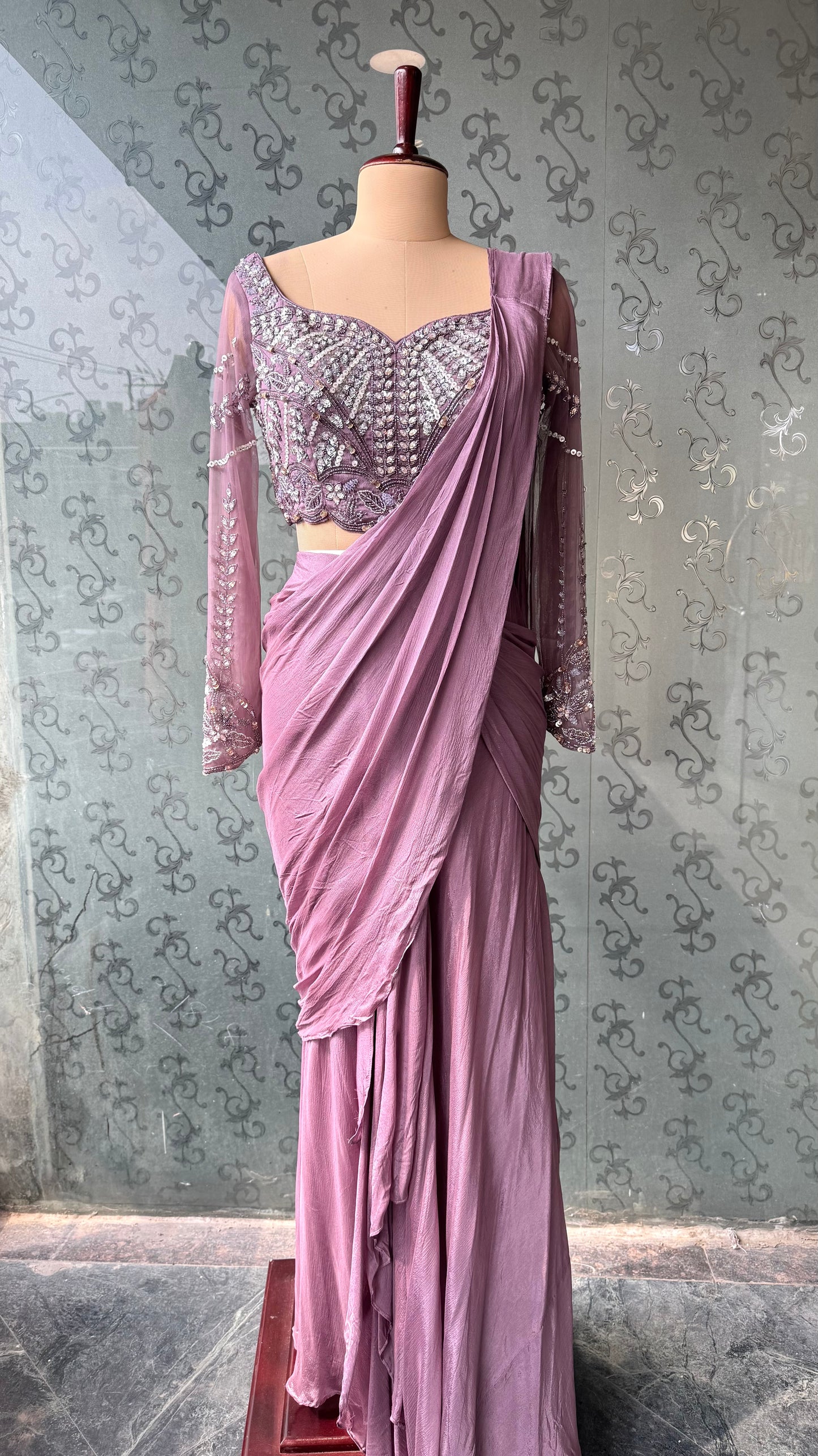 Dusty Mauve Hand Embroidered Blouse with Pre-Draped Pure Chinon Crepe Saree