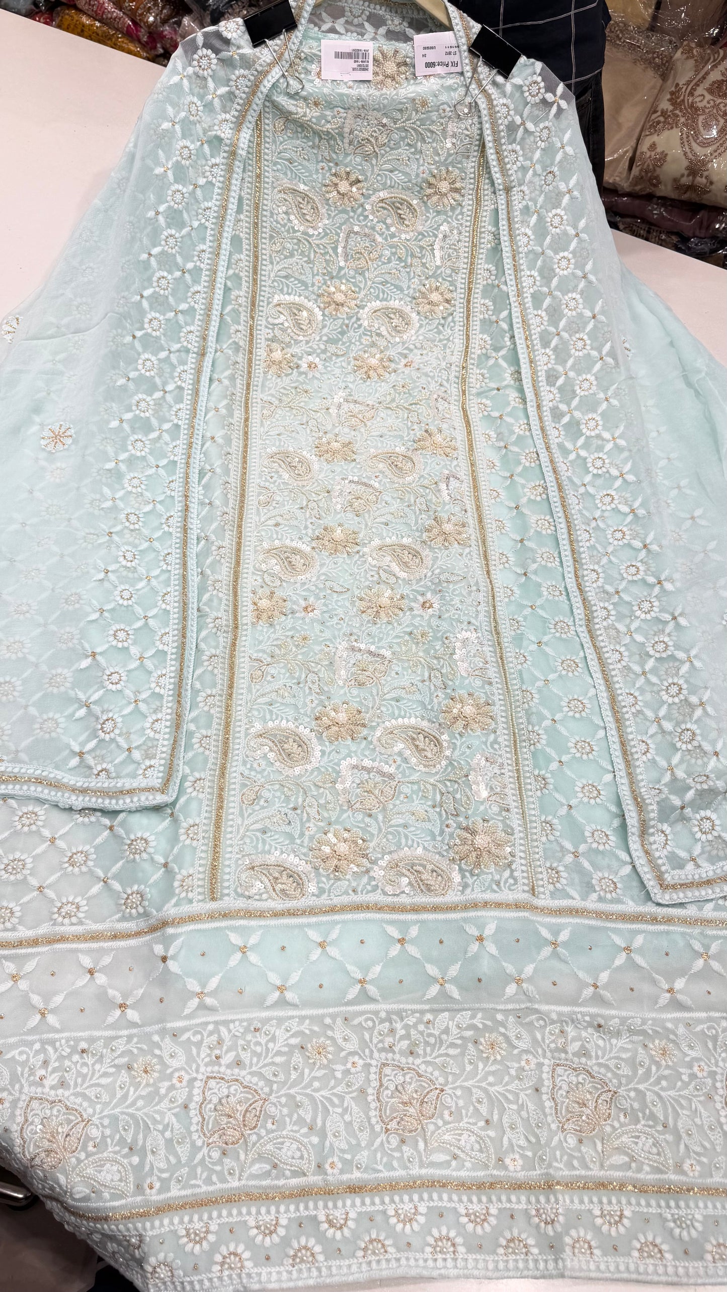 Luxury Unstitched Lakhnavi Pure Georgette Suit | Exclusive Lucknowi Thread, Pearls & Zari Handwork | Designer Georgette Dupatta with Cotton Silk Bottom | Festive Wedding Wear
