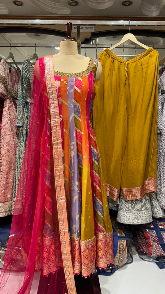 Multicolor Banarasi Handloom Organza Silk Anarkali Suit – Readymade Free Size (Up to 44” Bust)