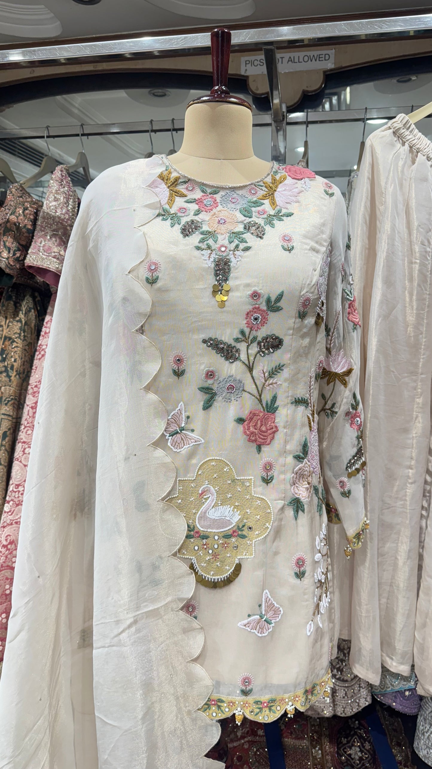 Ivory Swan Motif Zardozi & Thread Embroidered Readymade Suit – Free Size (Up to 44” Bust)