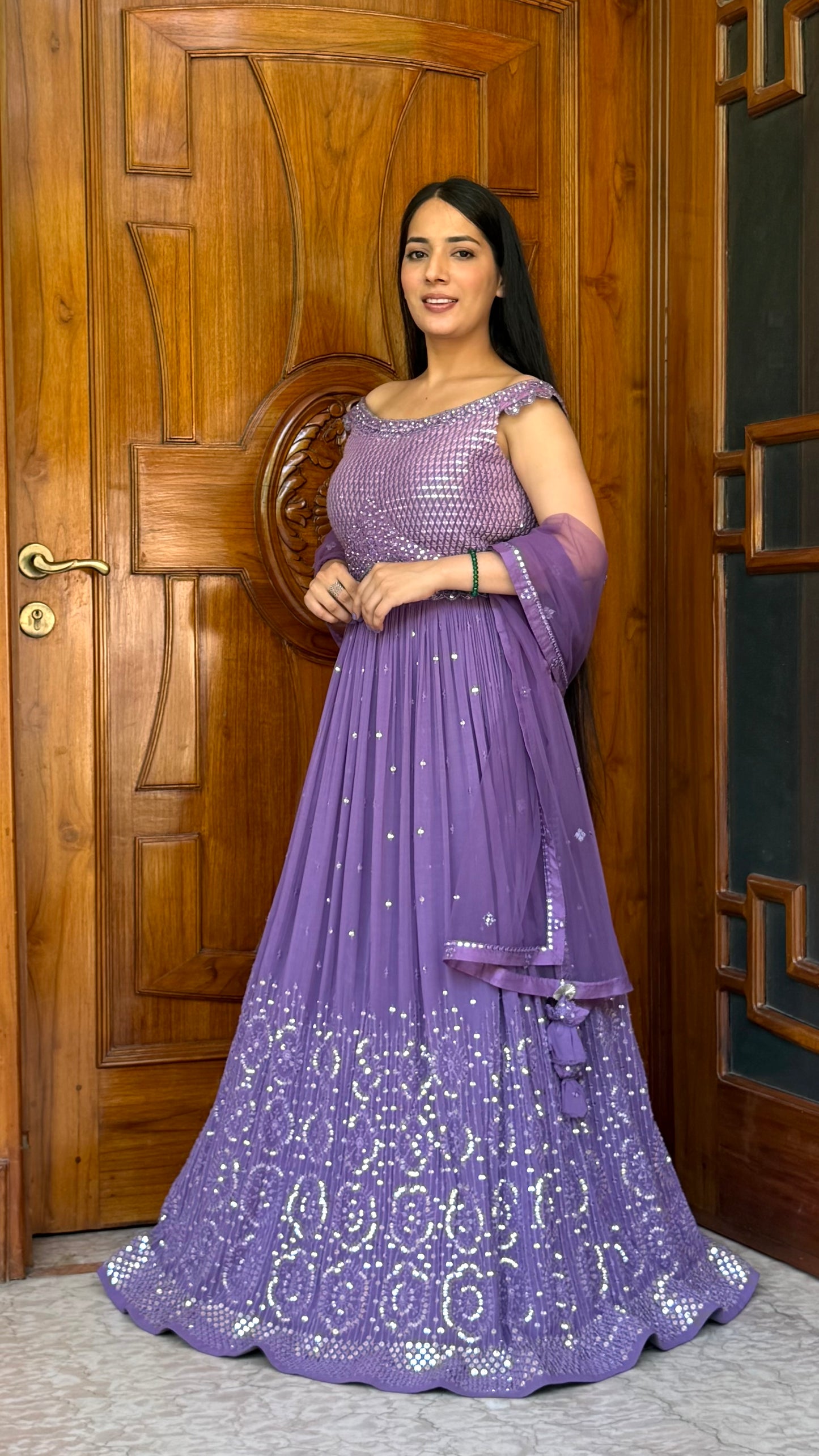 Purple Georgette Lehenga Choli Set | Sequin & Thread Embroidered Boat Neck Choli | Flared Skirt with Mirror Work | Net Dupatta | Readymade Free Size Up to 42 Bust | Wedding & Party Wear