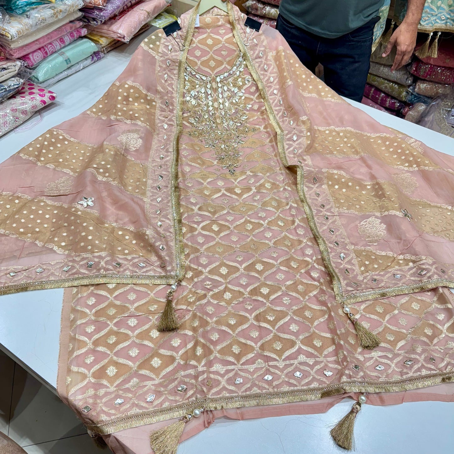Luxury Banarasi Tissue Unstitched Suit Set – Gota Patti Glam with Statement Dupatta & Silk Bottom (2.5m)