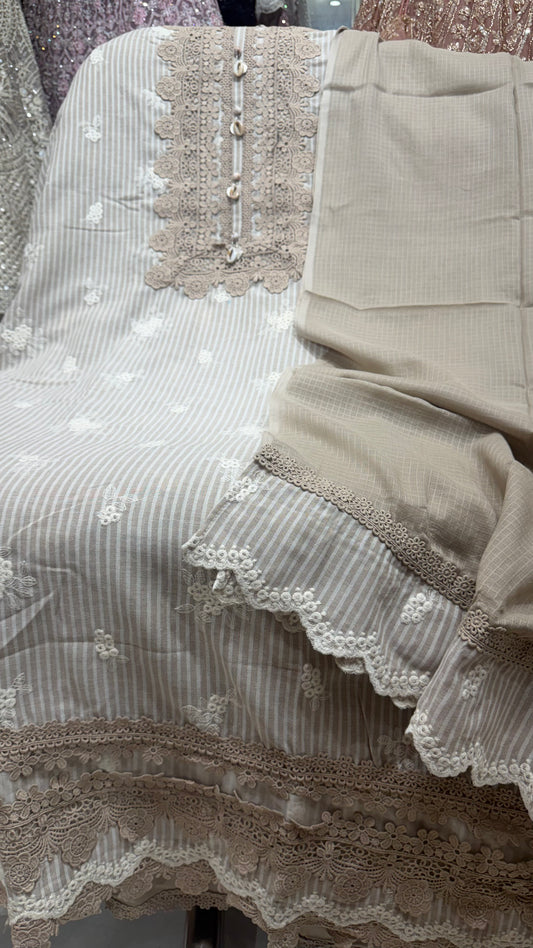 Elegant Pure South Cotton Unstitched Suit with Crochet Lace Work & Soft Kota Dupatta