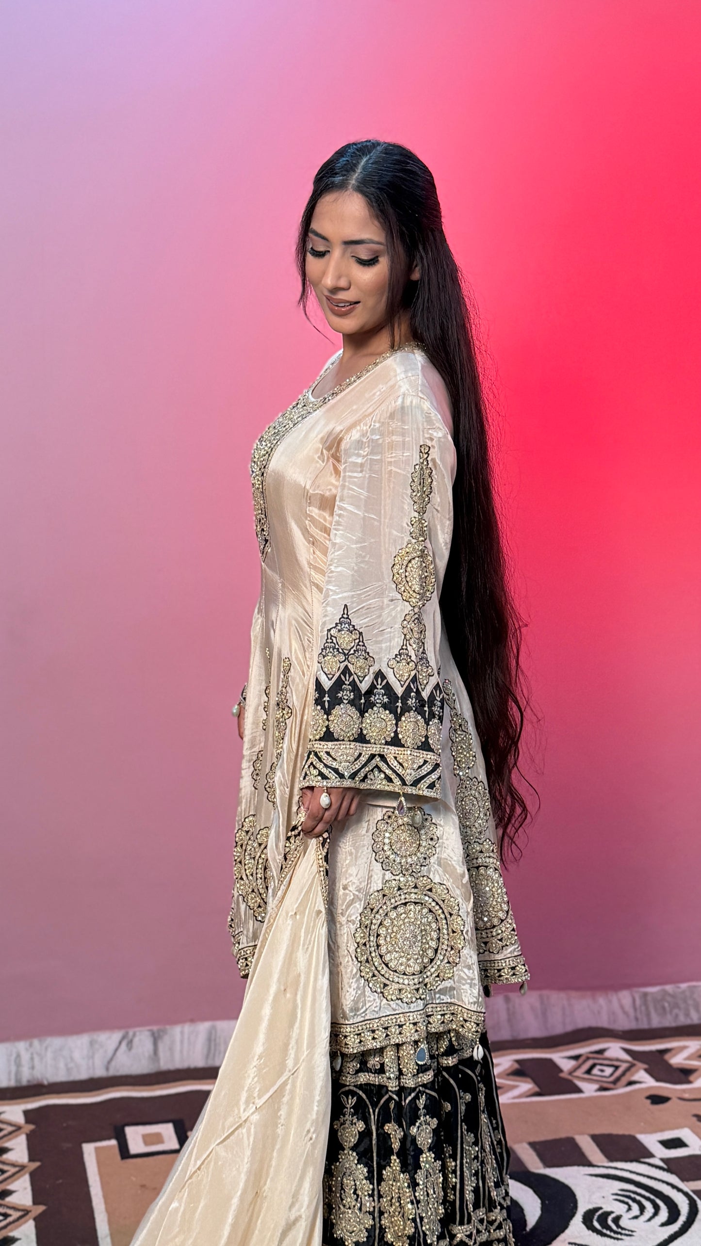 Ivory & Black Pure Crepe Silk Anarkali Gharara Suit with Heavy Embroidery