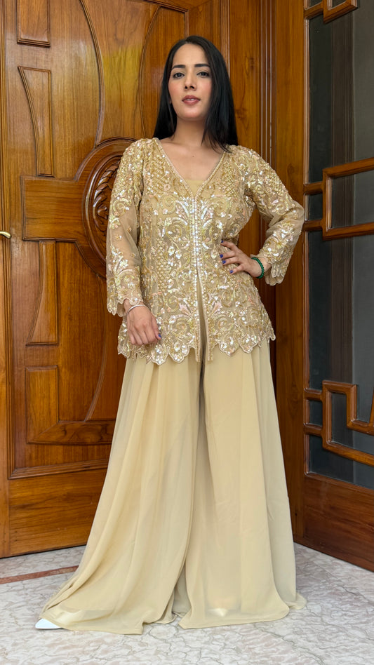 Champagne Gold Indo-Western Readymade Sharara Set with Embroidered Net Jacket