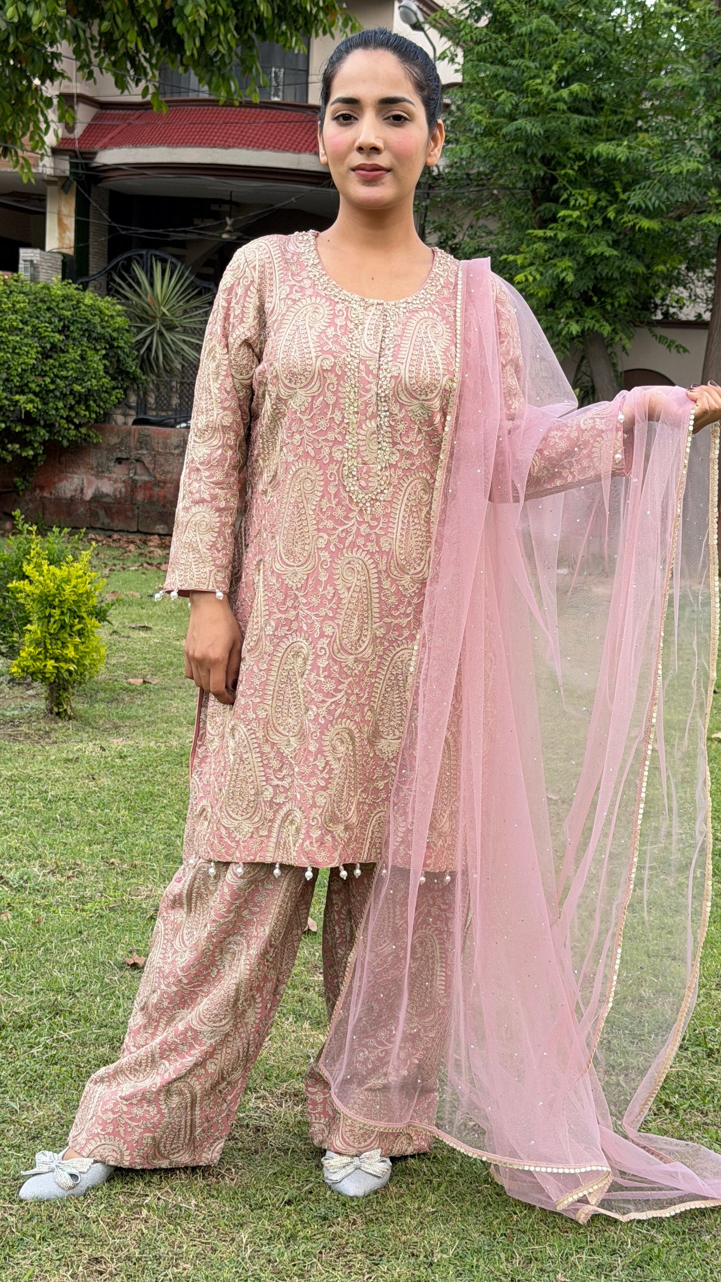 Rose Pink Designer Pure Georgette Ritu Kumar Inspired Suit with Farshi Salwar
