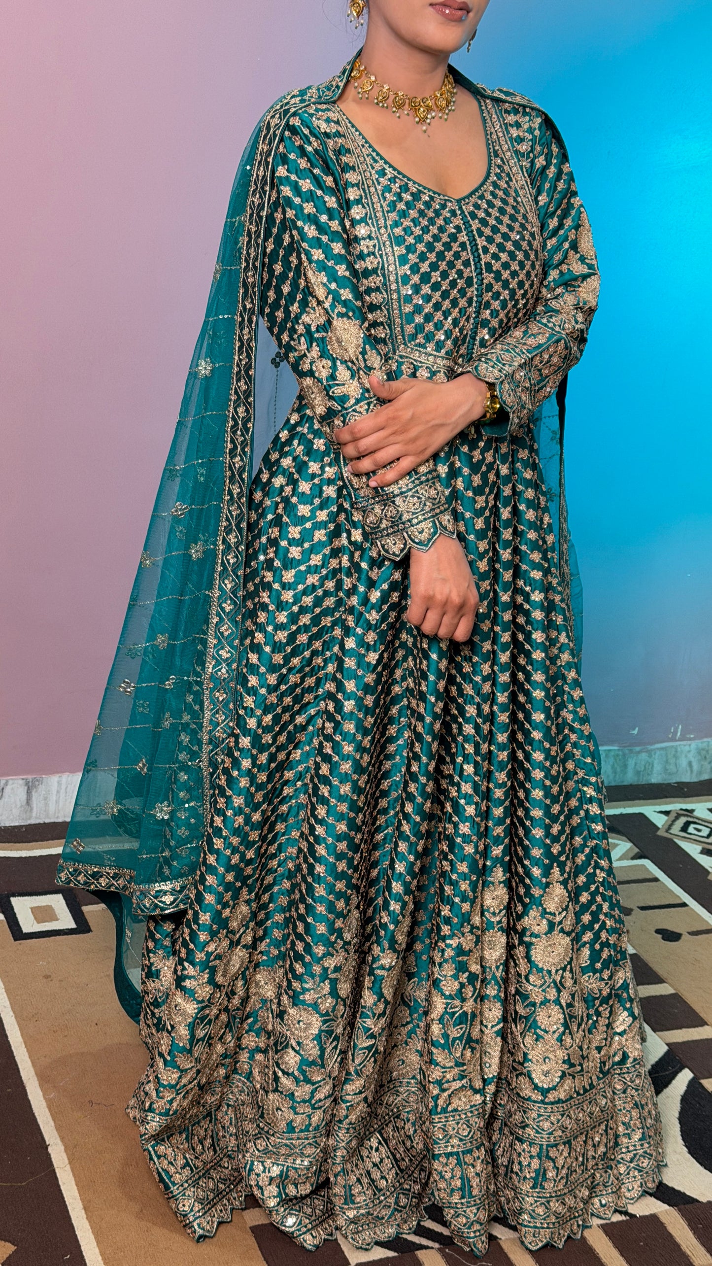 Emerald Royal Pure Silk Floor Length Anarkali Suit with Embroidered Net Dupatta