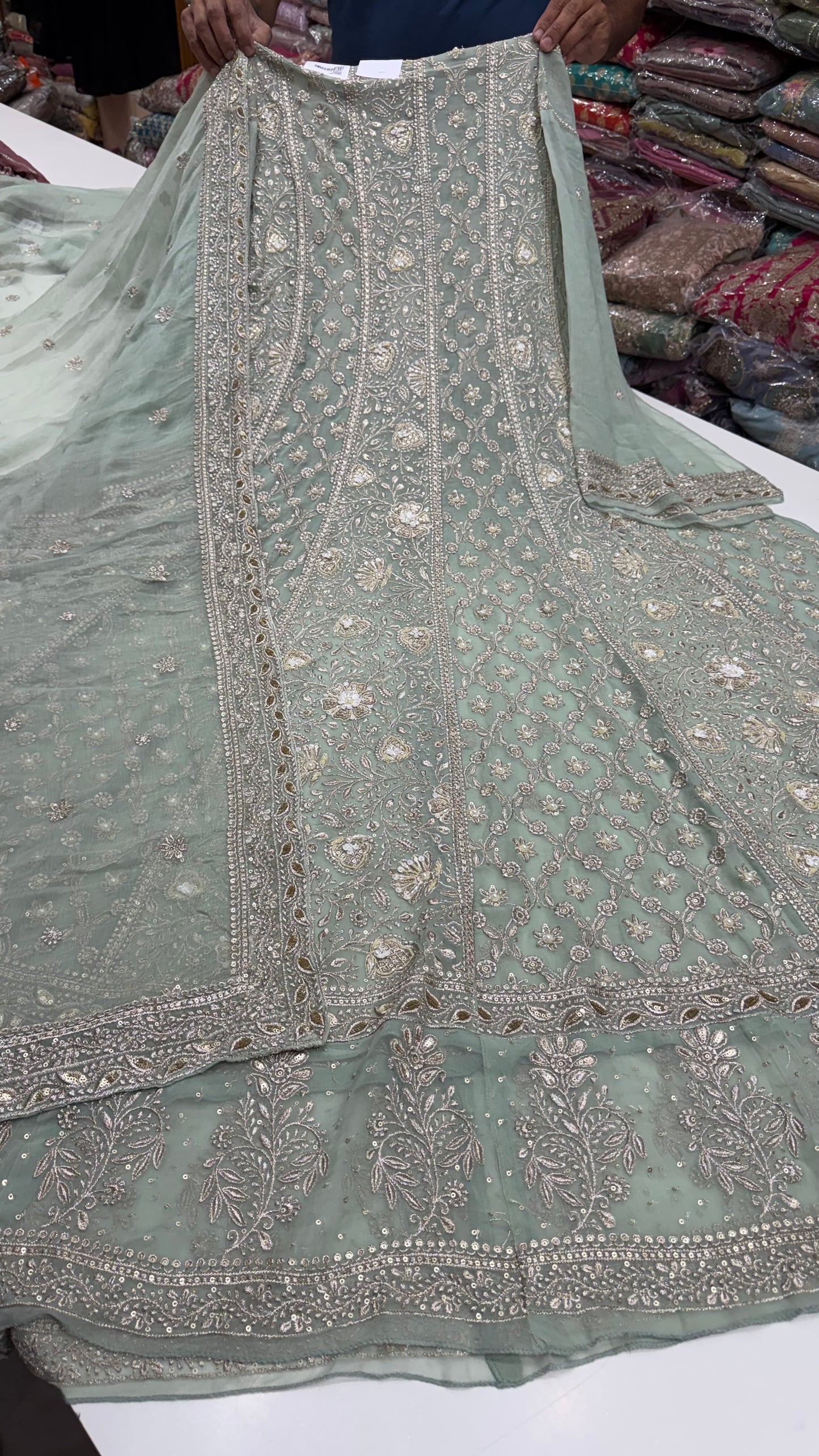 Luxury Unstitched Pure Georgette Zari Lakhnavi Anarkali Suit with Resham, Sequin & Pearl Handwork | Designer Wedding & Party Wear Suit