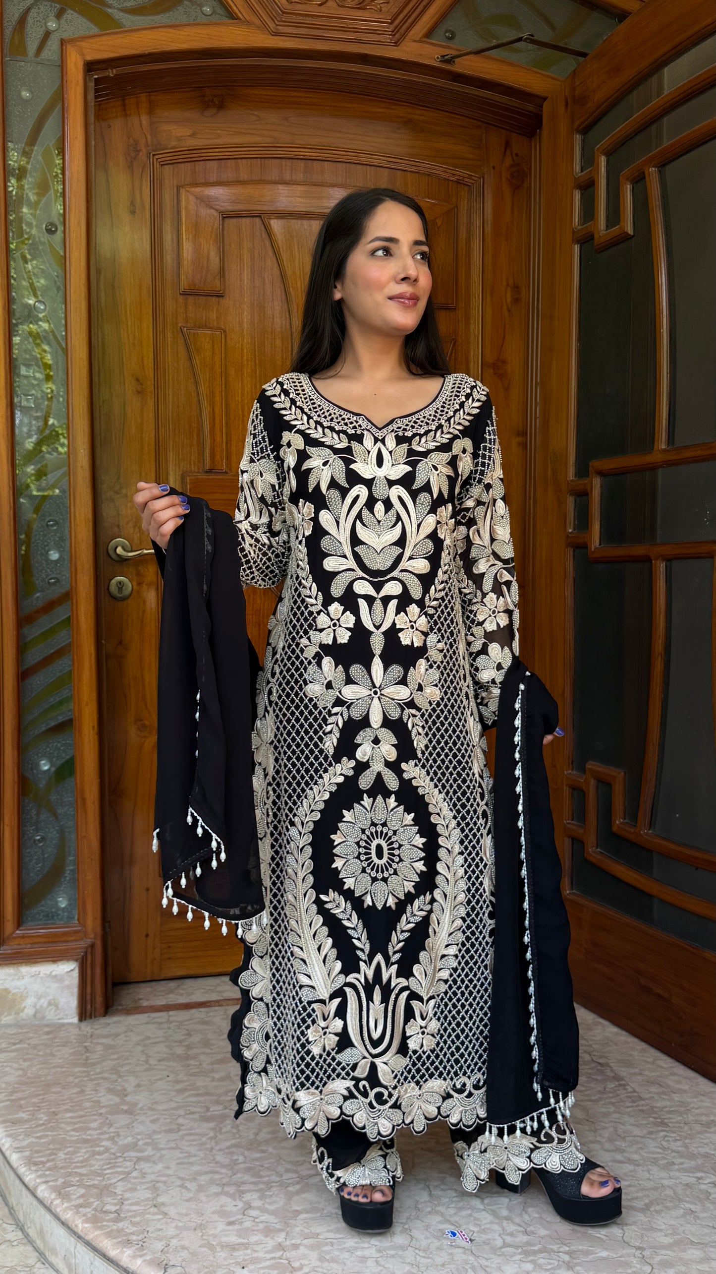 Long Pakistani Georgette Pants Suit with Hand Beads Work
