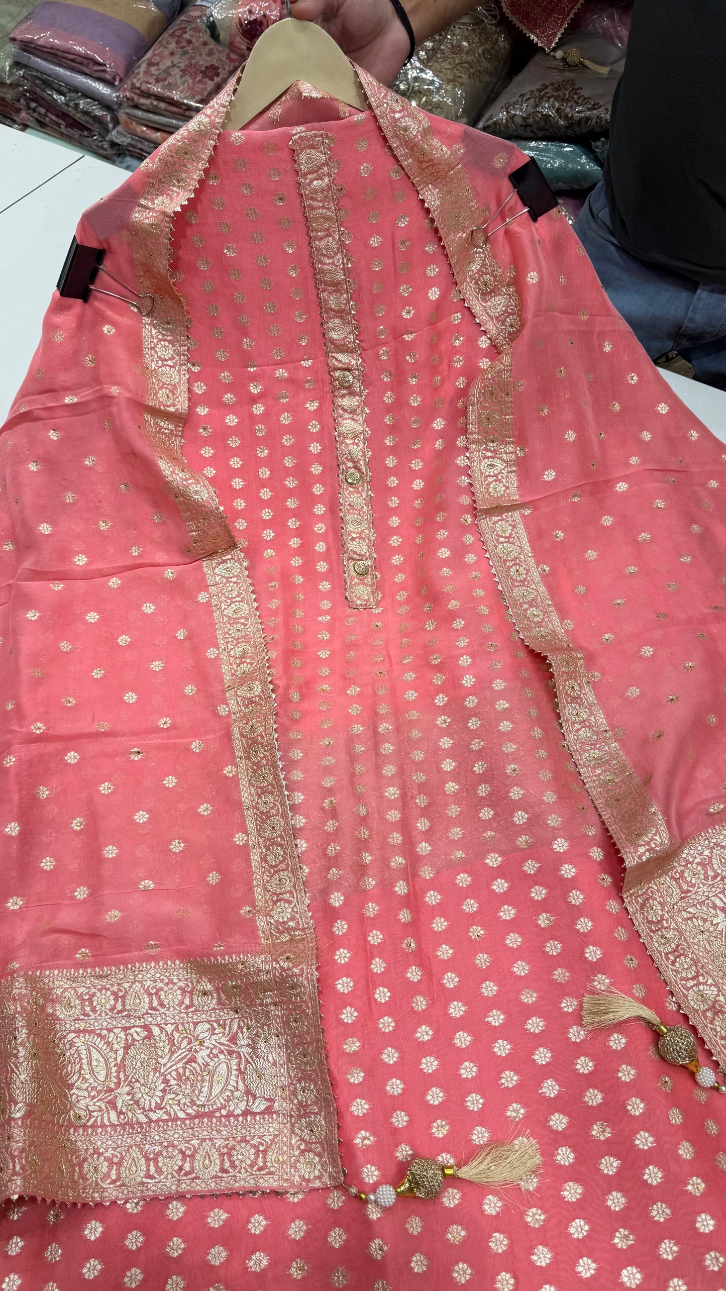Luxury Unstitched Pure Mysore Georgette Suit with Handloom Zari Weaving & Hand Embroidery | Premium Designer Wedding & Festive Wear Dress Material