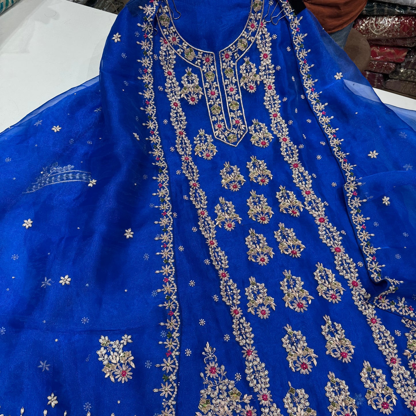 Embroidered Organza Unstitched Suit - Traditional Floral Design with Dupatta (Available in Rust & Royal Blue)