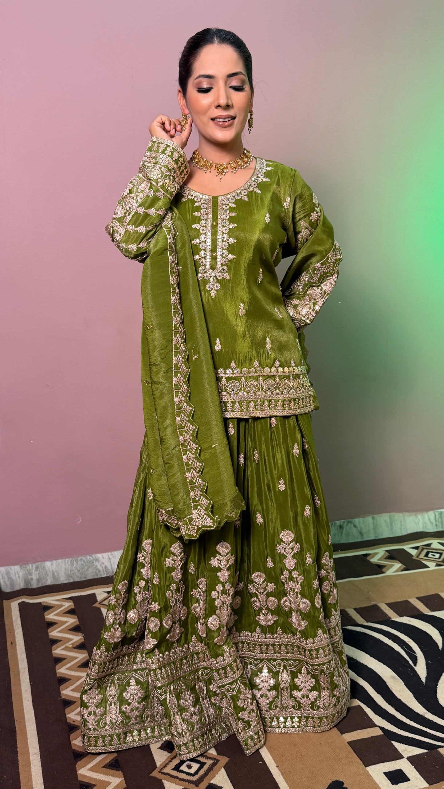 Olive Green Pure Tissue Designer Lehenga Suit with Embroidered Dupatta