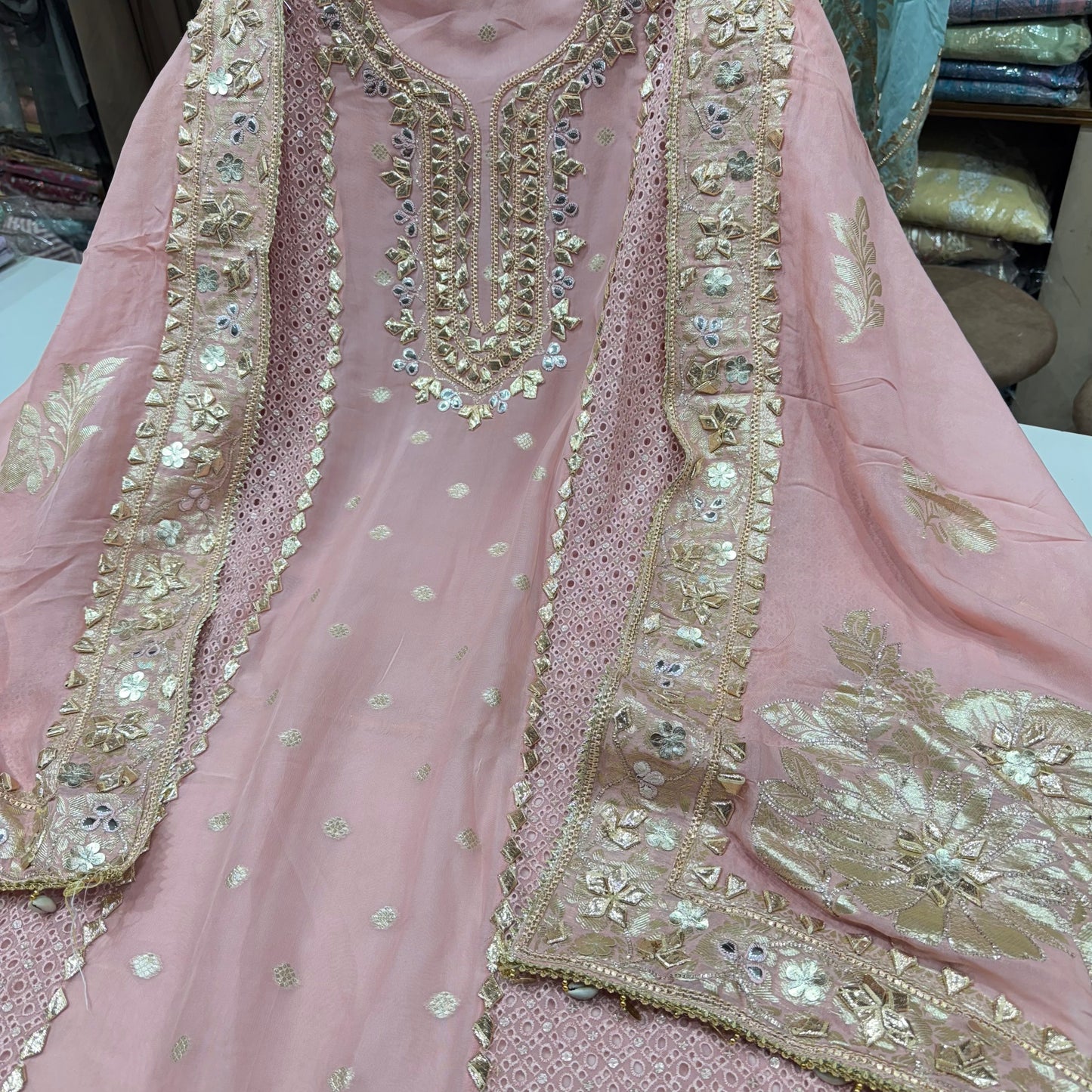 Designer Gotta patti Orgenza Suit set with heavy dupatta