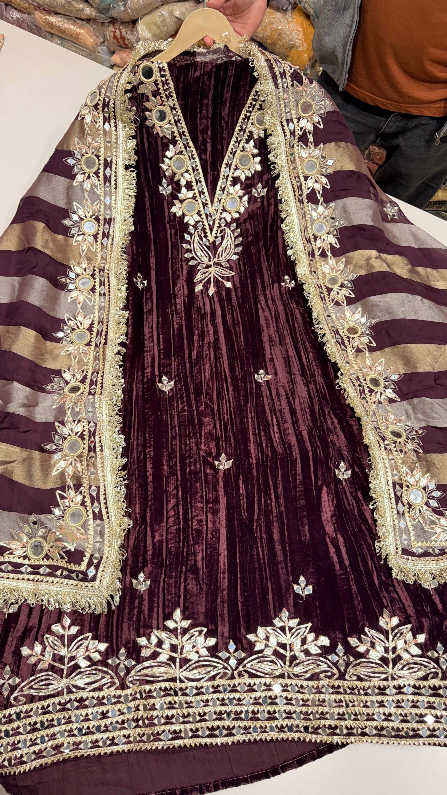 Premium Pure Velvet Unstitched Suit with Gotta Patti & Mirror Work + Tissue Dupatta