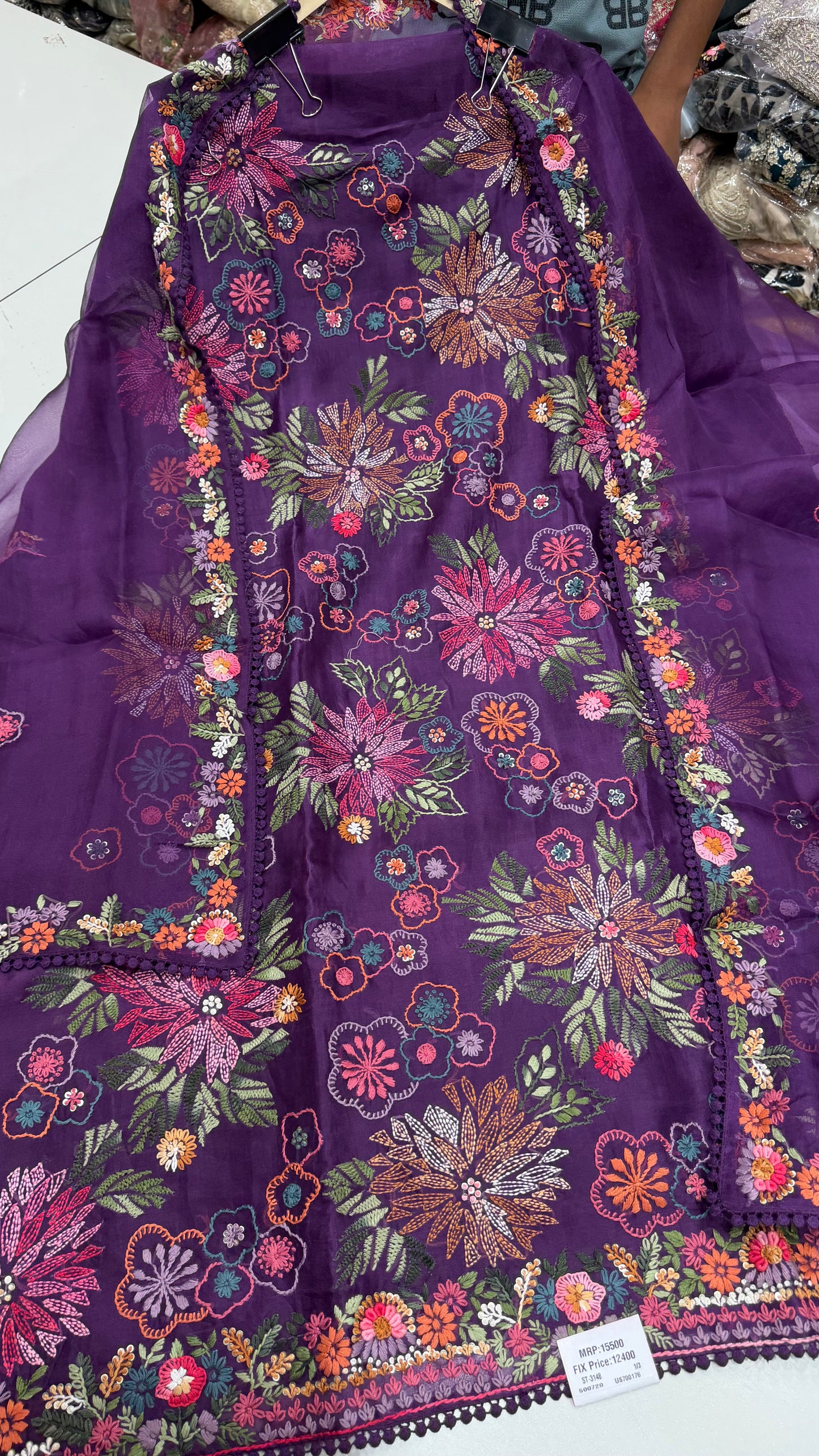 Luxury Designer Organza Kantha Embroidered Unstitched Suit with Dupatta & Crepe Bottom