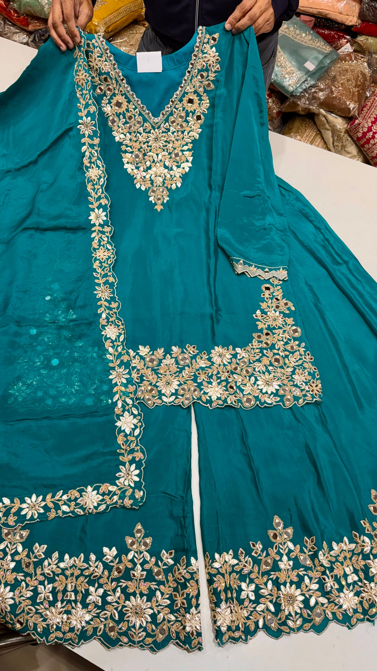 Readymade Chinon Crepe Gotta Patti & Mirror Work Sharara Suit – Free Size (Up to 42” Bust)